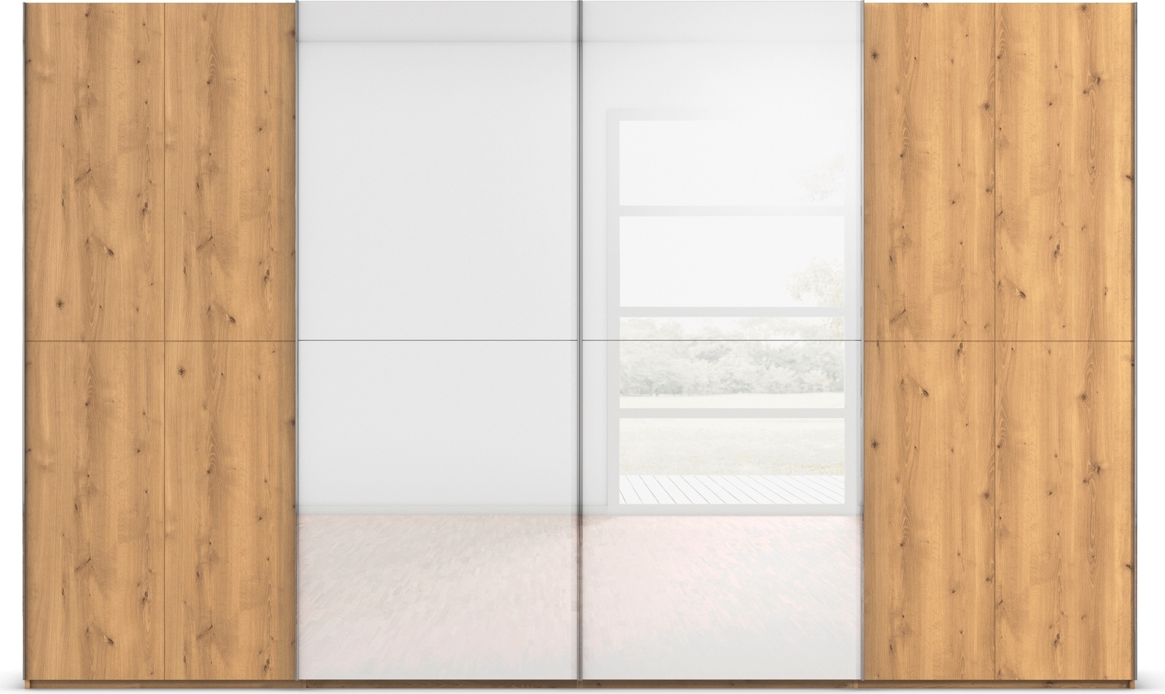 rauch Schwebetürenschrank »Kleiderschrank Schrank Garderobe Schlafzimmerschrank SCALE-WOOD«, edle geteilte Front in massiver Asteiche mit Glastüren MADE IN GERMANY