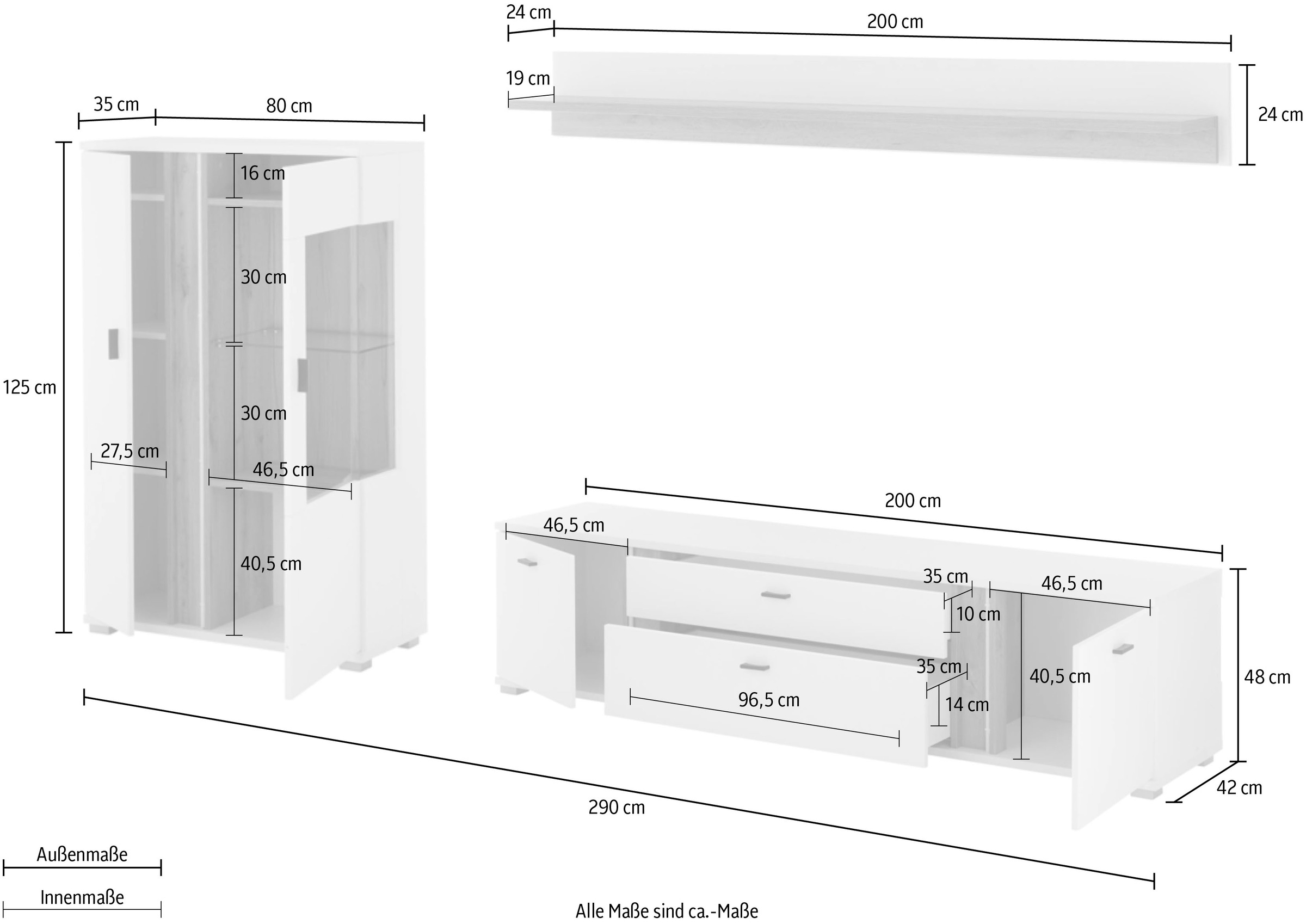 INOSIGN Wohnwand »LONG ISLAND«, (Set, 3 St.), in moderner Trendfarbe,inklusive senkrechter Beleuchtung,Breite 290 cm