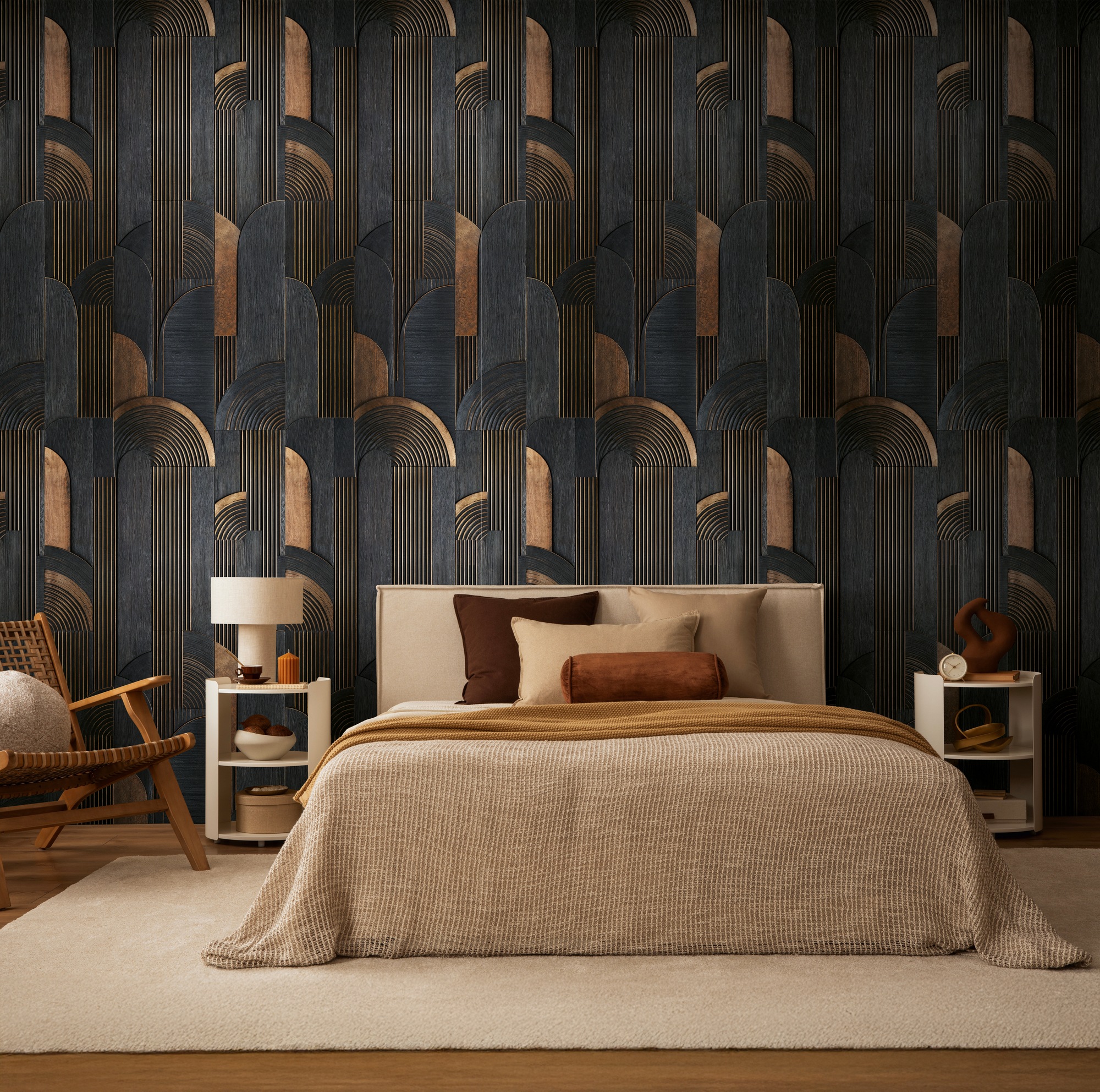 living walls Vliestapete "Vibes & Styles Aurelio – Deco Layers Fototapete" abstrakt leicht strukturiert Geometrisches Art-Déco Design mit Linien und stilvollem Tiefeneffekt