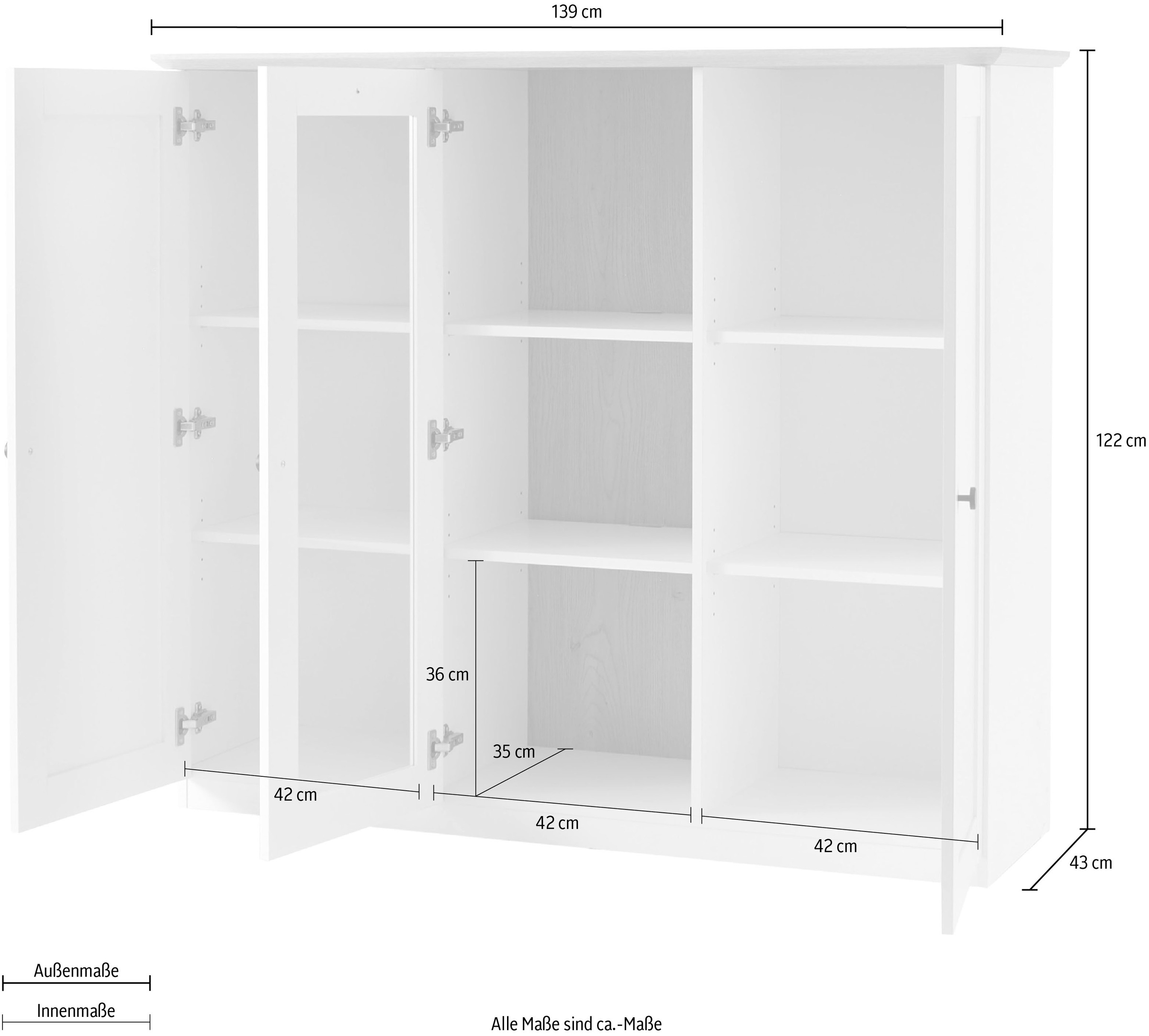 OTTO home Highboard »Brest, Schrank im Landhausstil, Sideboard, zeitloses Stauraumelement« schwarze Metallgriffe, ausreichend Stauraum, Glastür, 139 cm breit