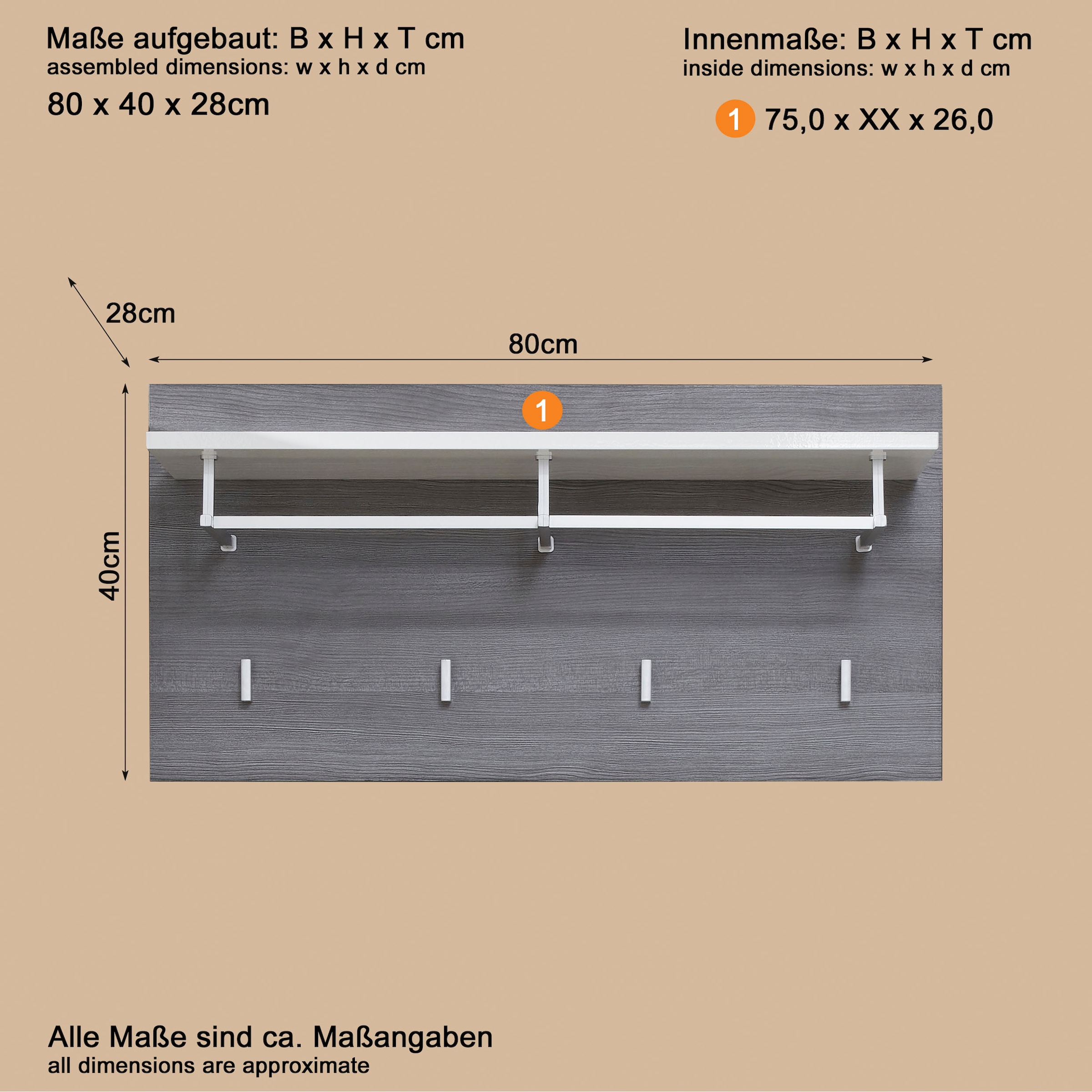 INOSIGN Garderobenpaneel »Sovana« 1 Stk. tlg. Garderobenpaneel mit Ablage & Haken - (B/T/H) 80/28/40 cm