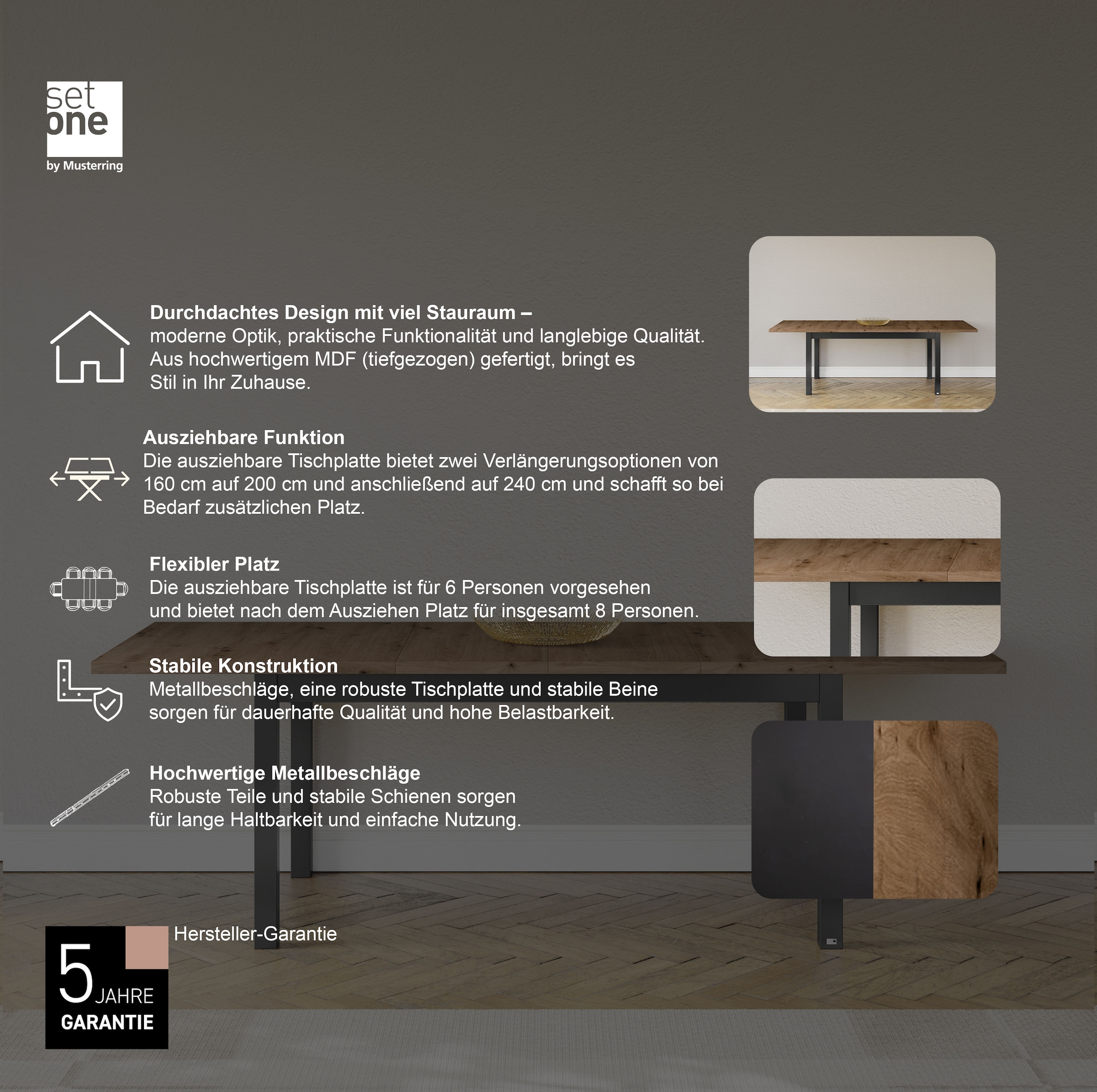 set one by Musterring Esstisch »York«, Typ 68, mit ausziehbarer Tischplatte, 3 Farben, Maße 160-240 x 90 cm