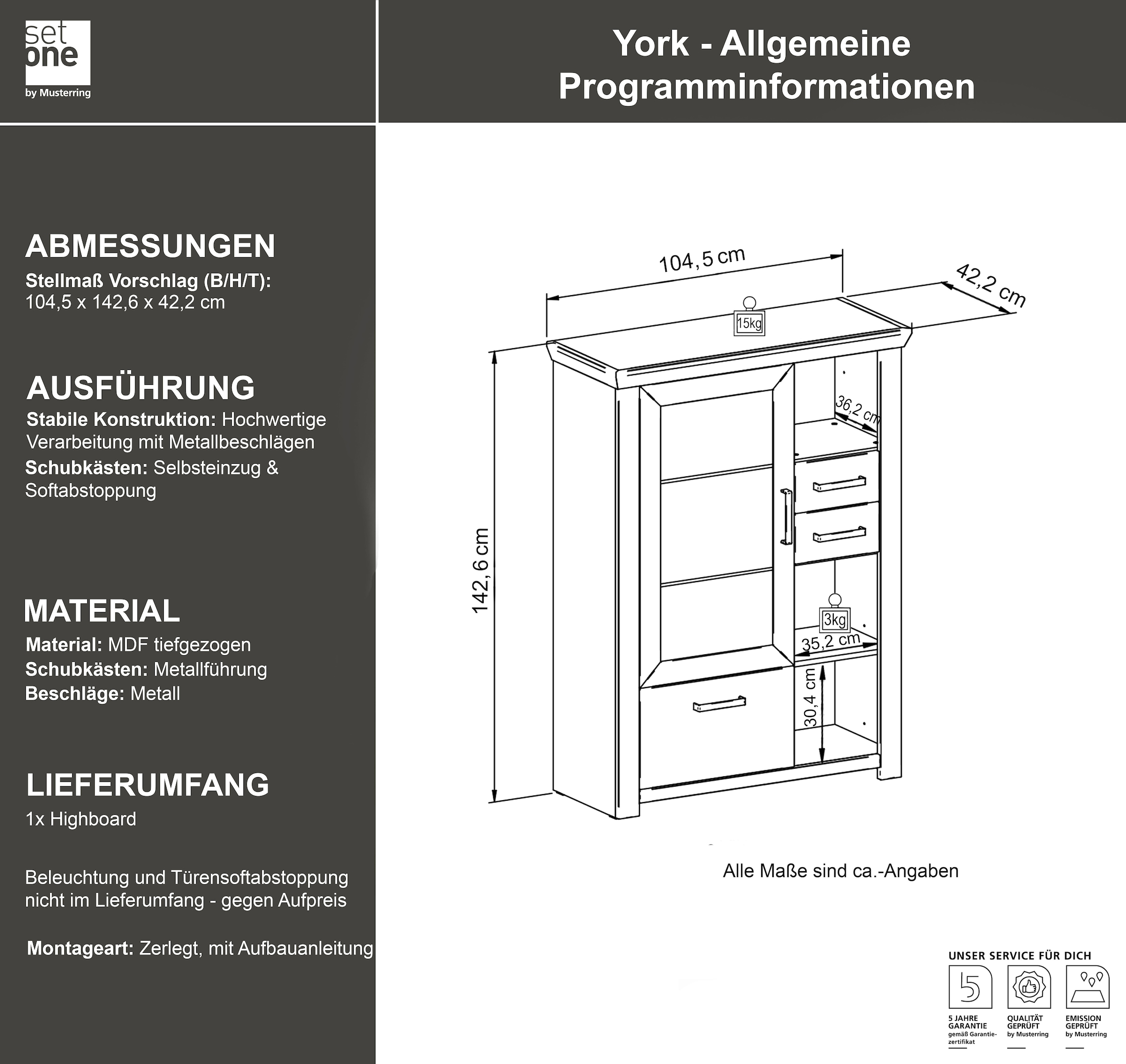 set one by Musterring Highboard »York«, Typ 25 und 26, in 3 Farbvarianten, Beleuchtung optional, Breite 105 cm