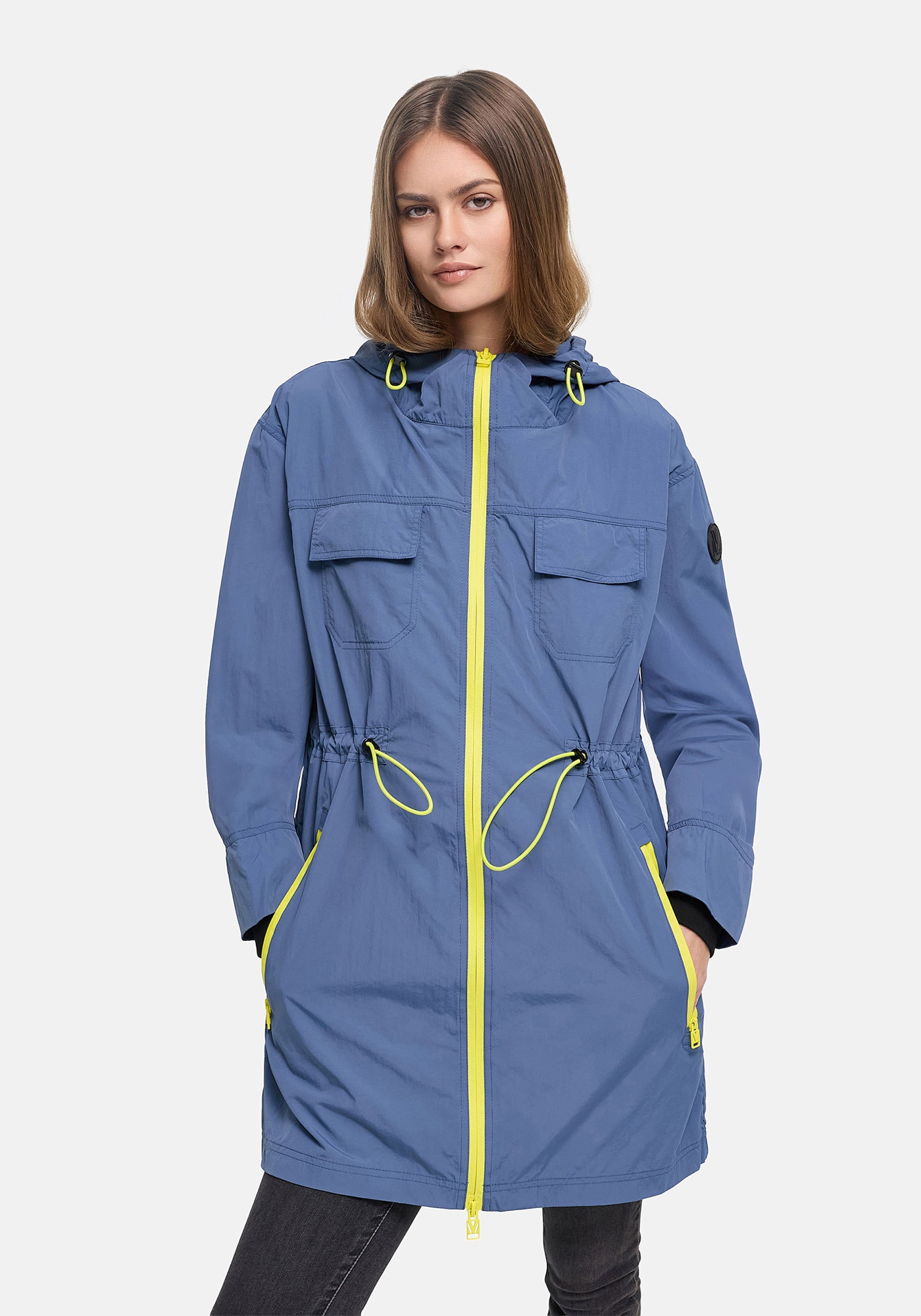 Marikoo Outdoorjacke "Trüffelbonbon" Langer Windbreaker mit Kordelzug und Kontrastreißverschluss