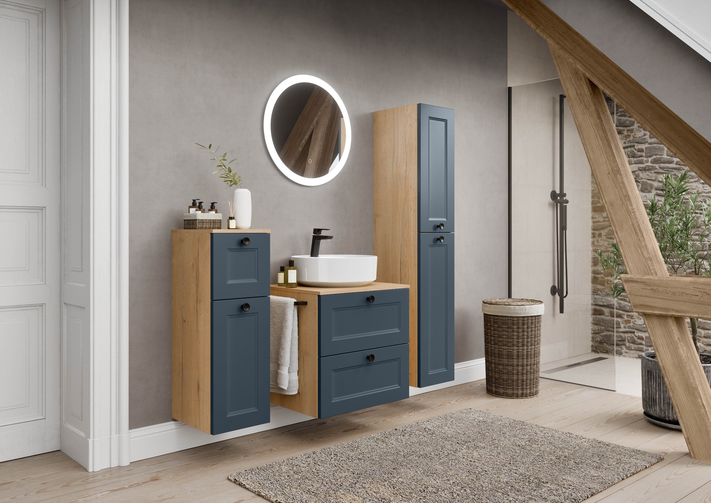 nobilia® Badmöbel-Set »Cascada« Set, inkl.  Aufsatzwaschbecken und beleuchtetem  Spiegel mit Touch-Sensor, 4 Stk. tlg.