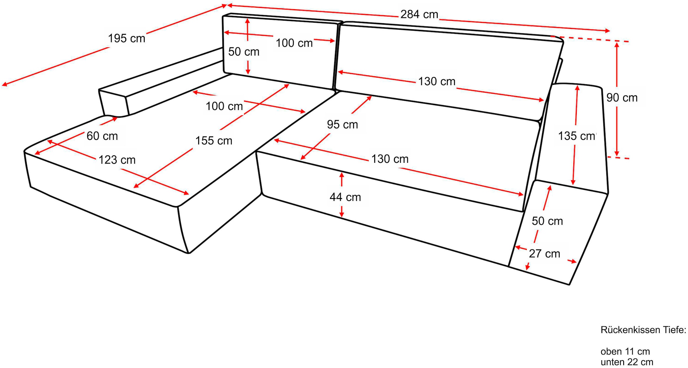 Home affaire Ecksofa »NEU: SHERWOODL XXL 284, Big-Sofa L-Form, tiefe Sitzfläche 95 cm, Cord,«, Leinenoptik, Recamiere rechts/links, auch als Schlafsofa stellbar