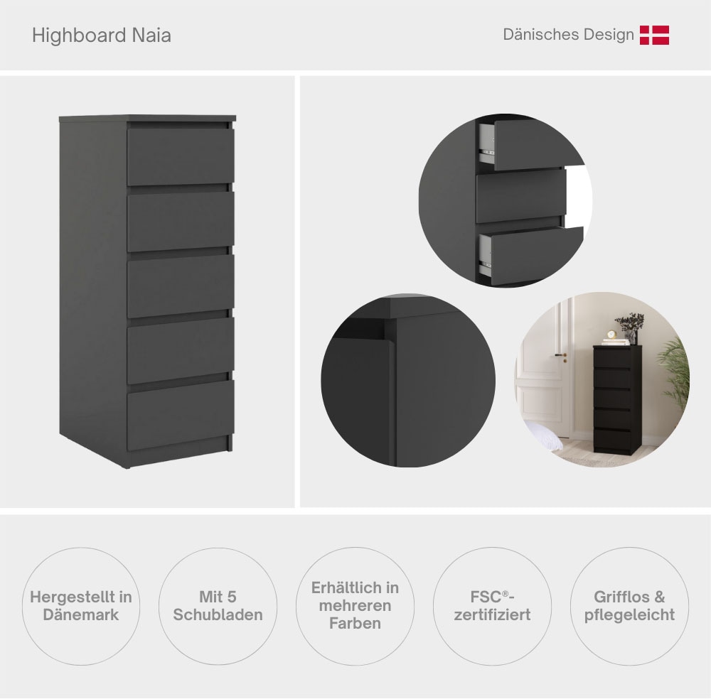 INOSIGN Highboard »Naia, Hochkommode, 5 Schubladen, Aufbewahrung, grifflose Front« Modern, skandinavisches Design, Schmal, in mehrere Farben