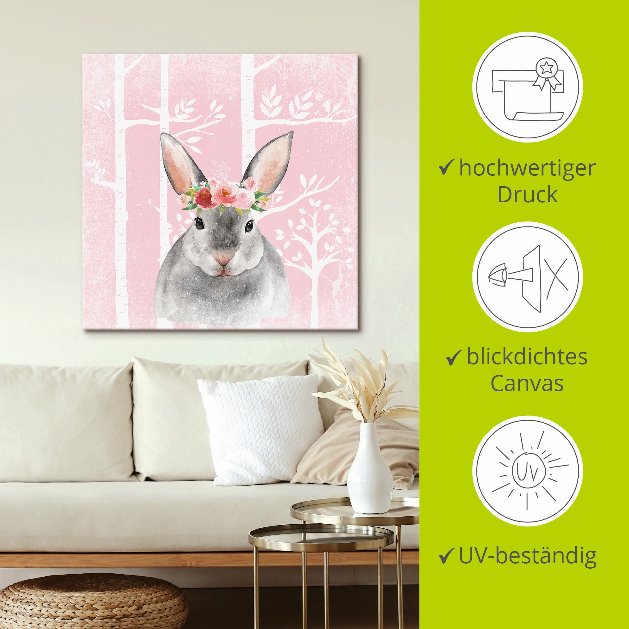 Artland Leinwandbild »Hase mit Blumen im pink Wald«, Tiere, (1 St.), auf Keilrahmen gespannt