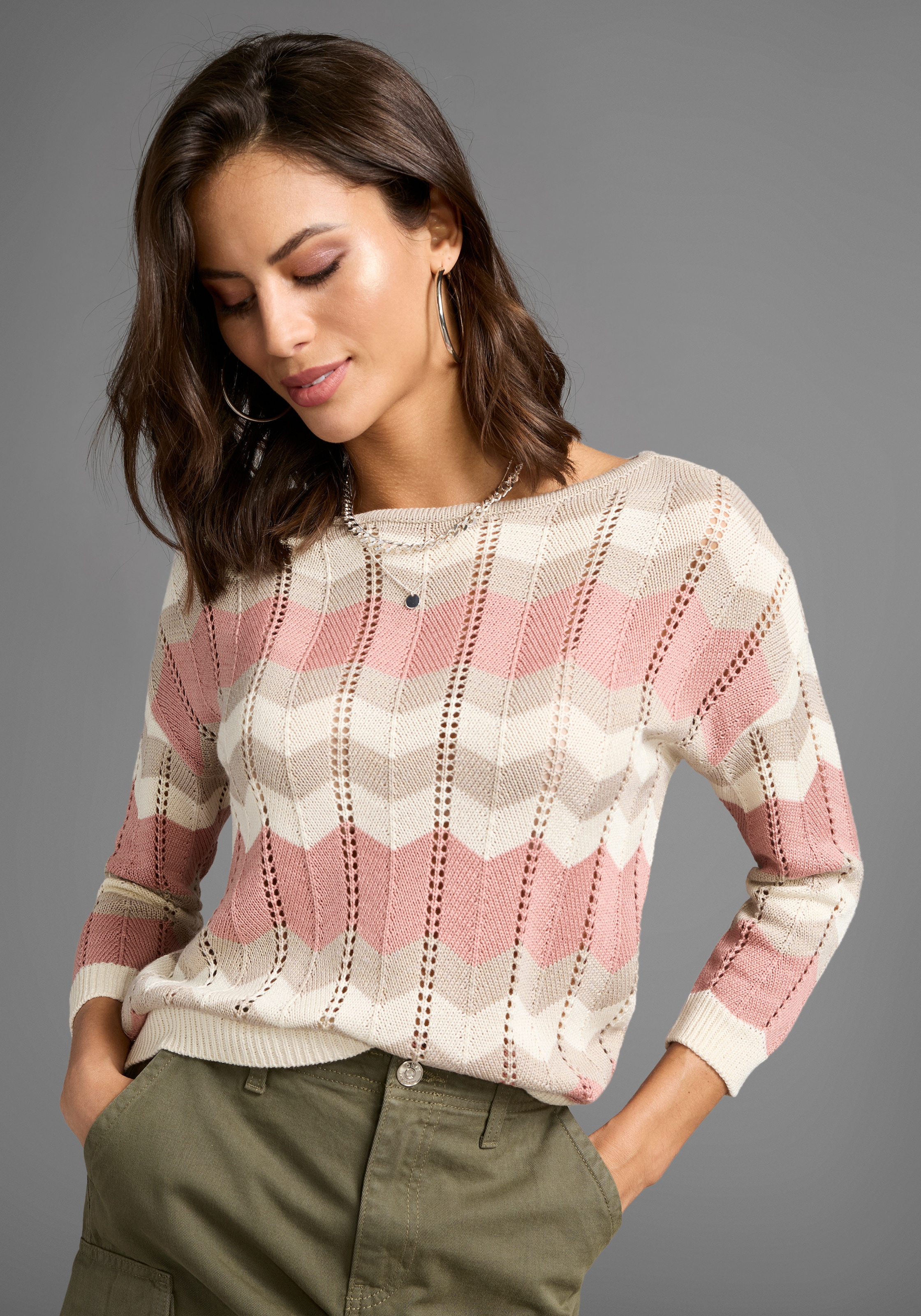 Laura Scott Strickpullover leichter Übergangspullover mit Ajourmuster und 3/4 Ärmeln
