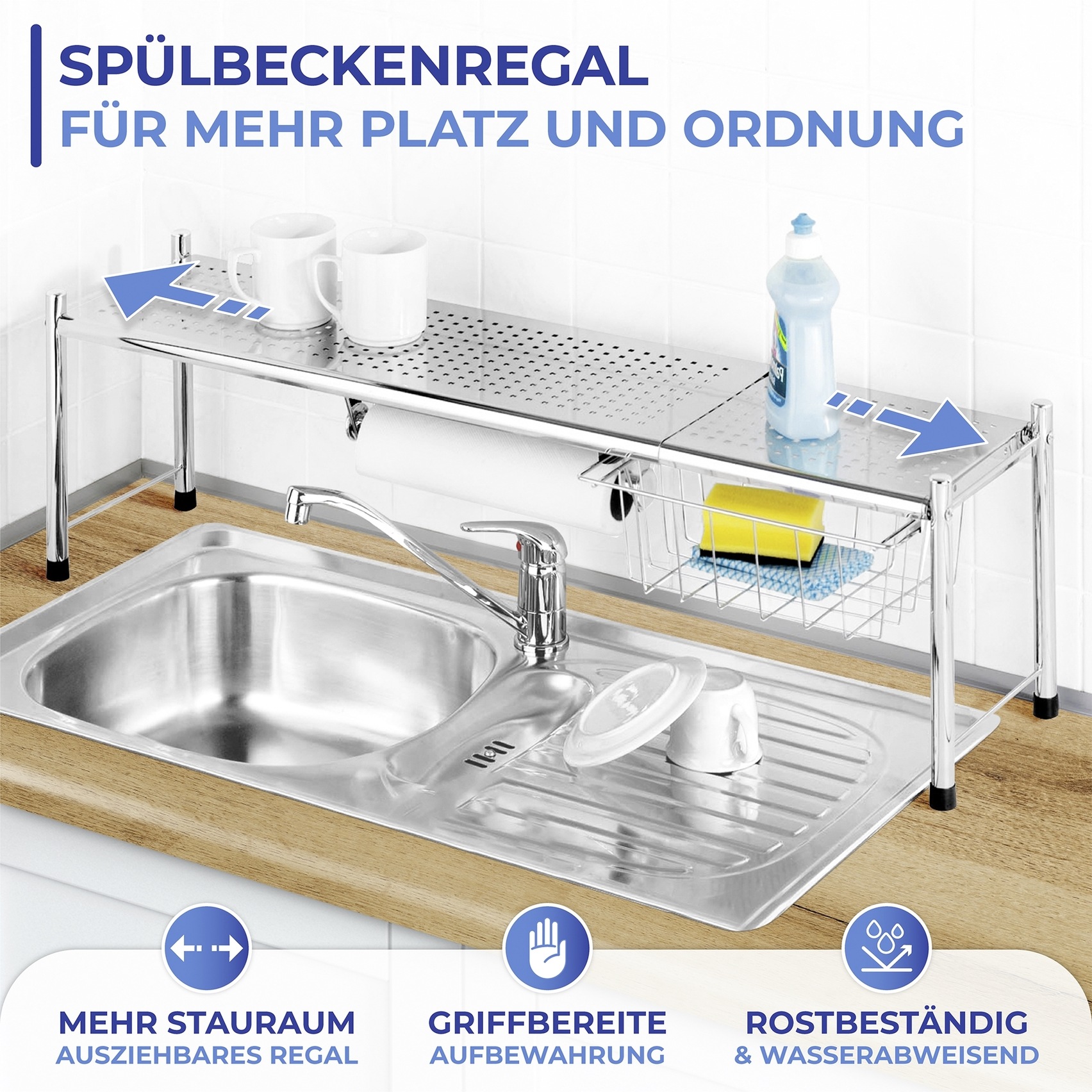 Thumbnail - Maximex Küchenregal "Modell EXPANDO" ausziehbares Spülbeckenregal mit Küchenrollenhalter und Korb