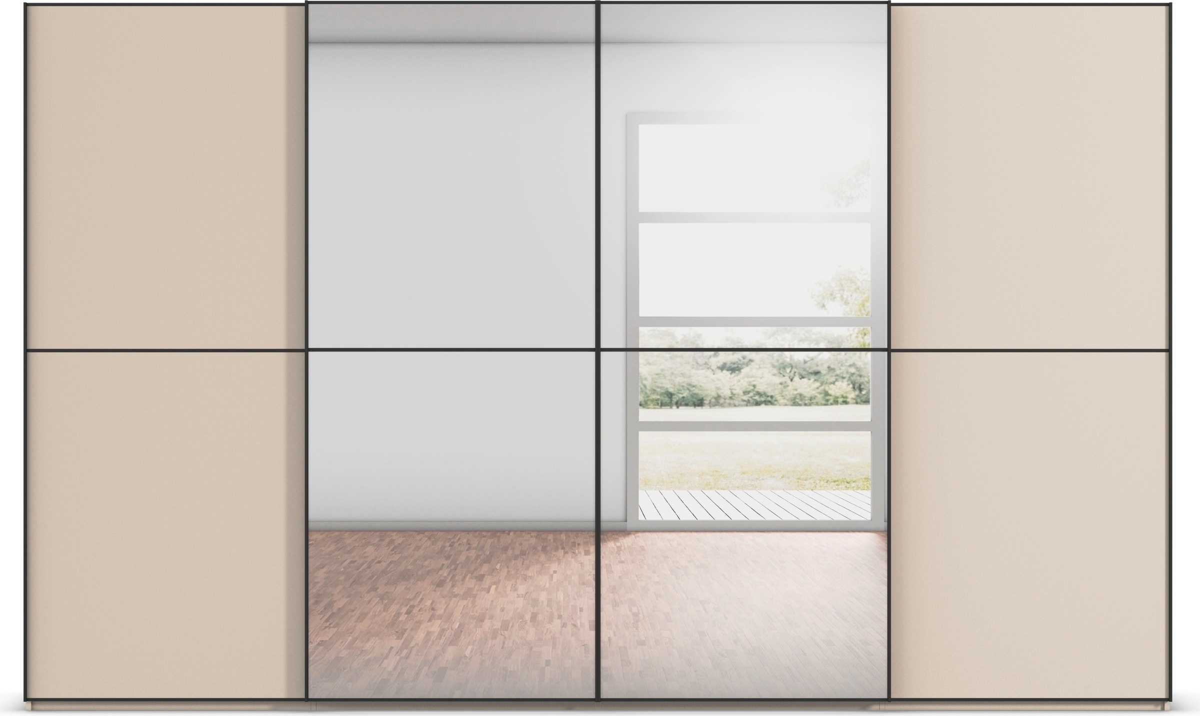 rauch Schwebetürenschrank »Kleiderschrank Schrank Garderobe Schlafzimmerschrank SCALE-DUO«, edle zweigeteilte Türen, Spiegel und 3 Zierleisten MADE IN GERMANY