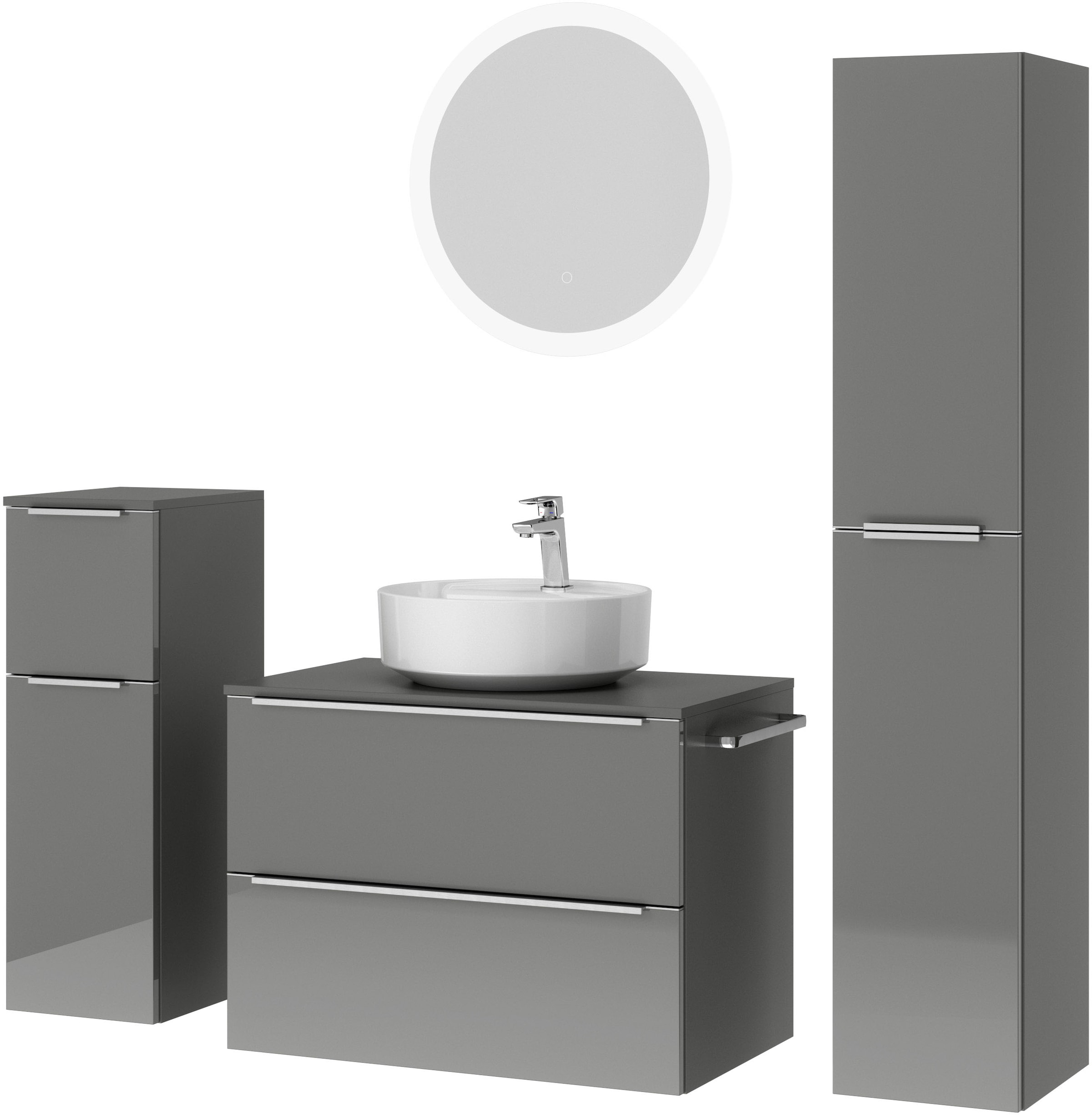 nobilia® Badmöbel-Set »Alvene«, (4 St., vormontiert, mit Soft-Close), Hochglanz, inkl. Spiegel mit Touch-Sensor, in vier Breiten