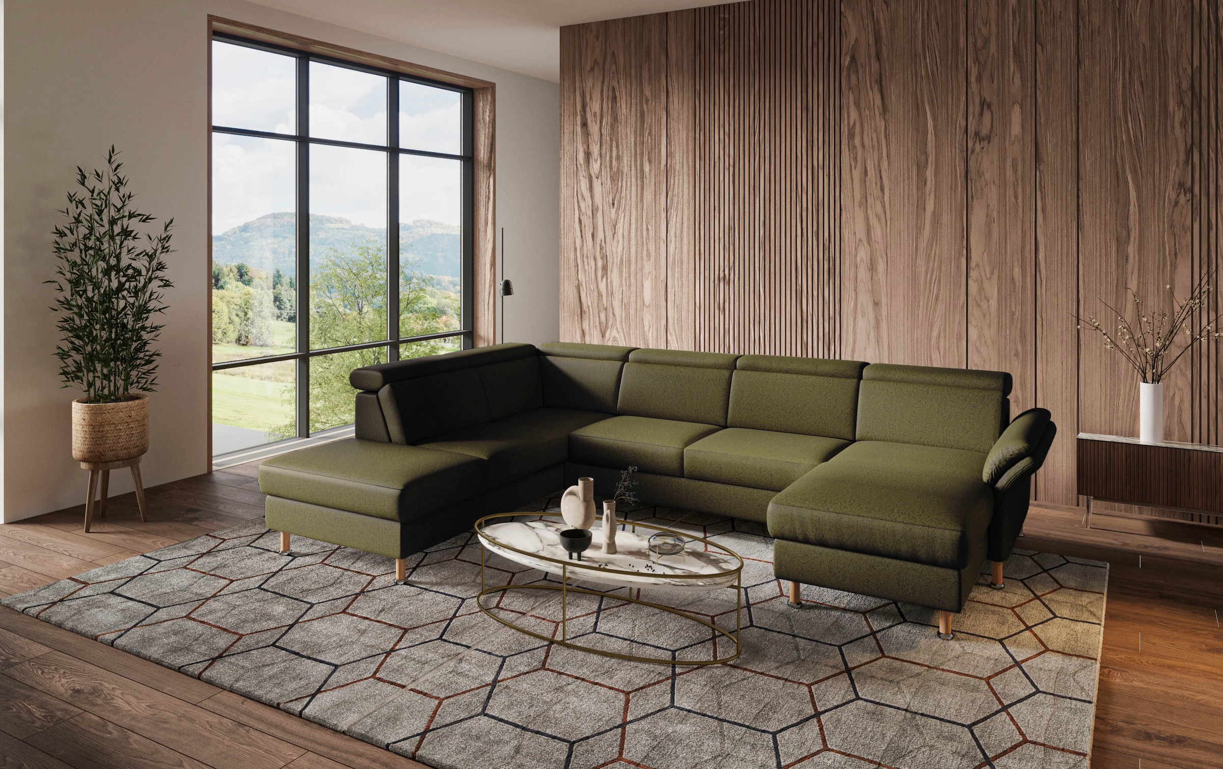 Wohnlandschaft HOME AFFAIRE "Calypso U-Form", grün (olive), B:334cm H:85cm T:227cm, 100%Polyester, Sofas, Wohnlandschaft, wahlweise mit motorischer Relaxfunktion 10