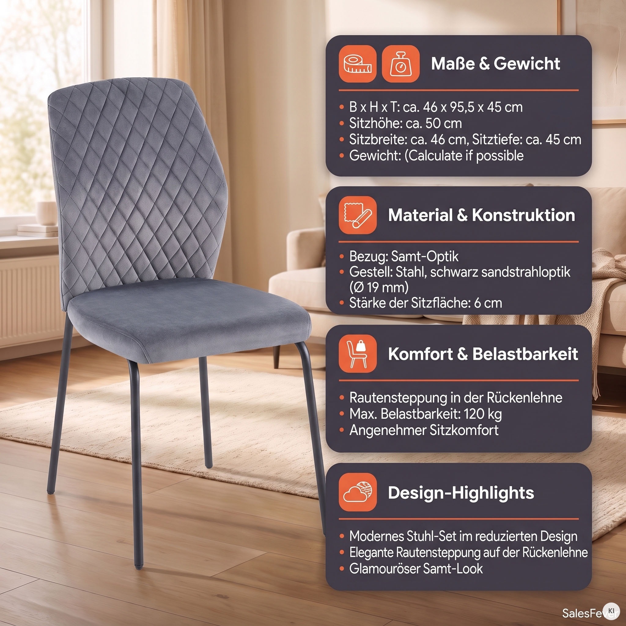 SalesFever 4-Fußstuhl »Esszimmerstuhl mit elegantem Stil« (Set) 2 Stk.2er Set mit eleganter Wabensteppung im Rücken