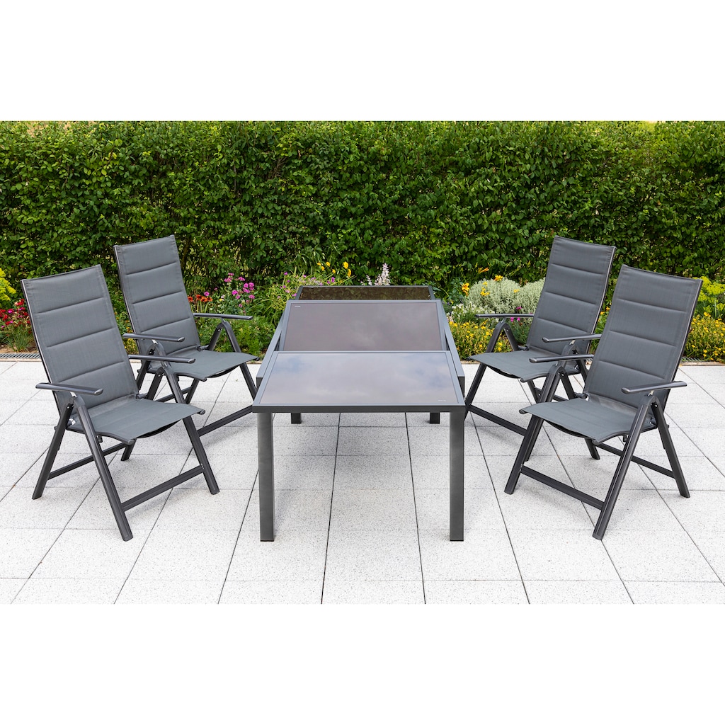 MERXX Garten-Essgruppe »Taviano«, (Set, 5 tlg.), 4 Klappsessel, 5-fach verstellbar, Ausziehtisch