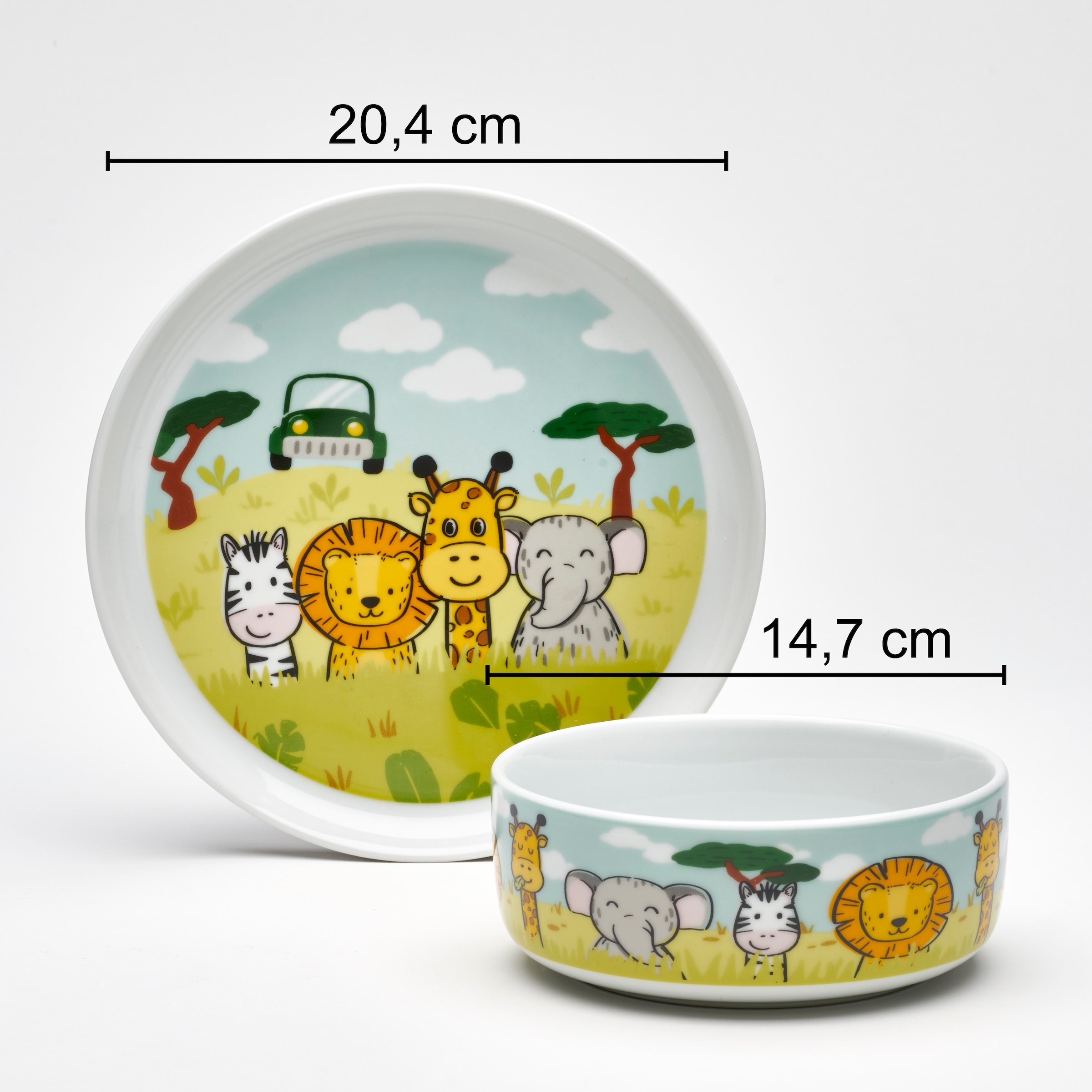 van Well Kindergeschirr-Set »Kinderset Safari, 3-teilig, Geschirr-Set, Service«, (Set, 3 tlg.), mit farbenfrohem Dekor, spülmaschinen- und mikrowellengeeignet