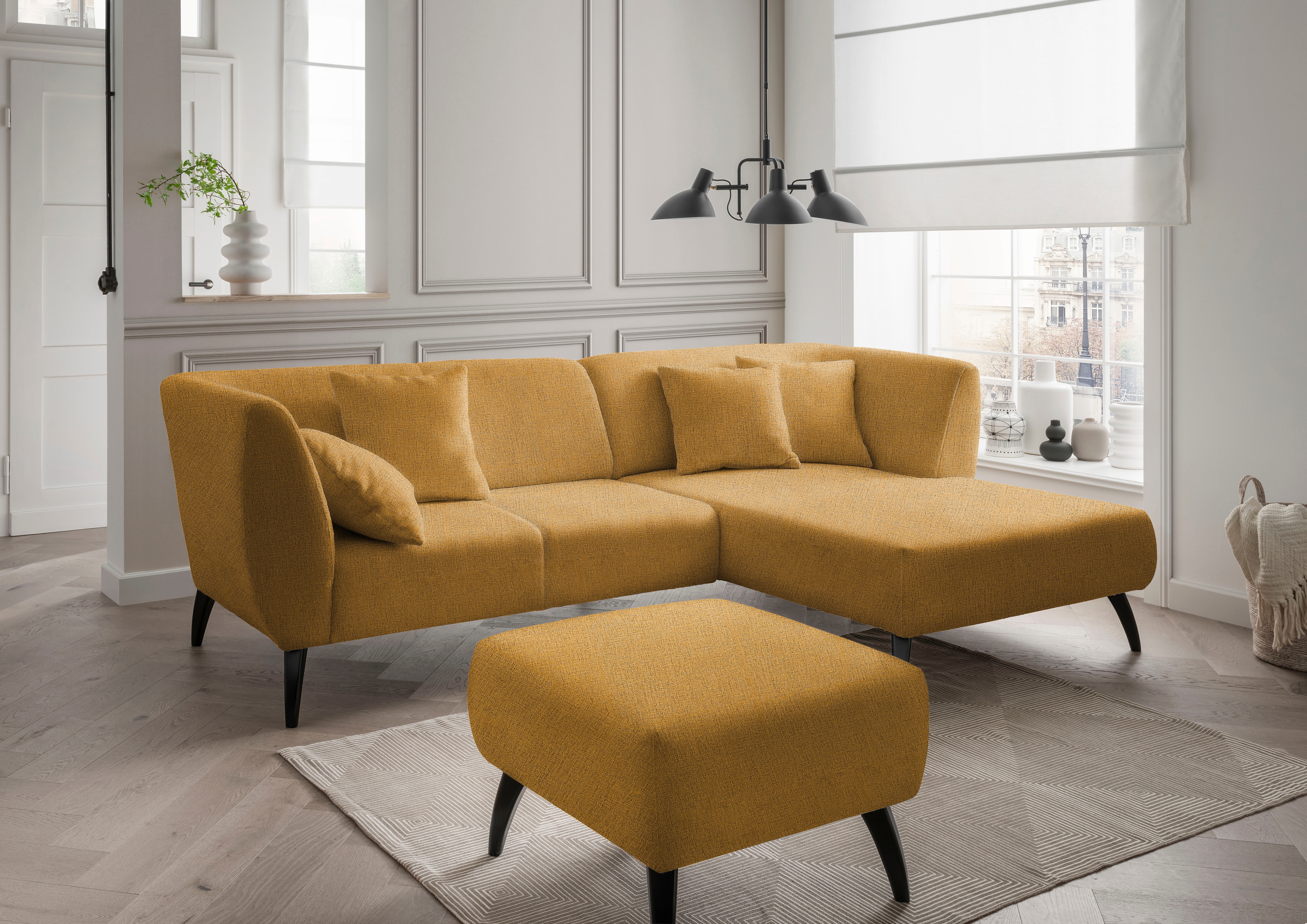 Home affaire Ecksofa "Lazio modern und bequem, schmale Armlehnen, tolle Detailverarbeitung" Holzfußfarbe wählbar, inkl. 4x Zierkissen