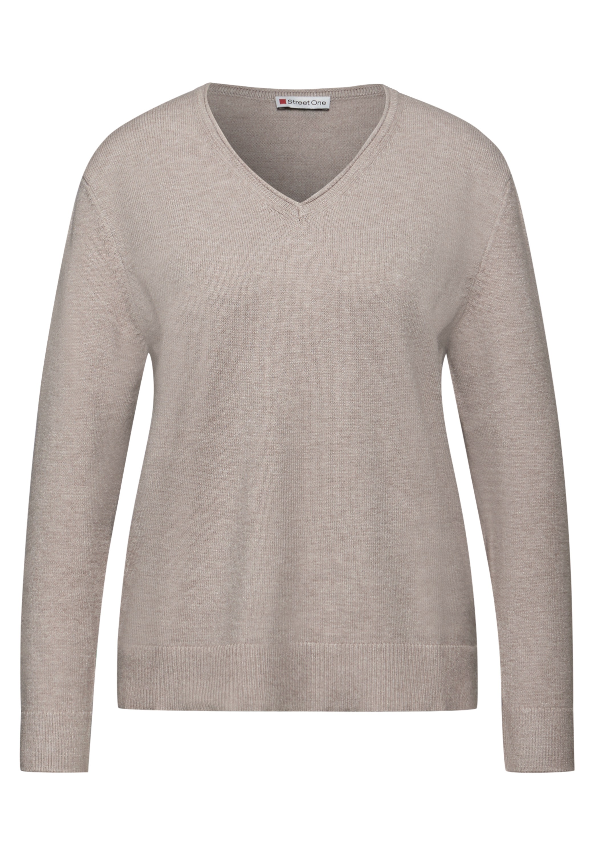 Strickpullover STREET ONE, Damen, Gr. 34, sandstone mocha meliert, Stoff, 50% Viskose, 28% Polyester, 22% Polyamid, unifarben, normal normal, V-Ausschnitt, Rippbündchen, Pullover Strickpullover, in Unifarbe 3