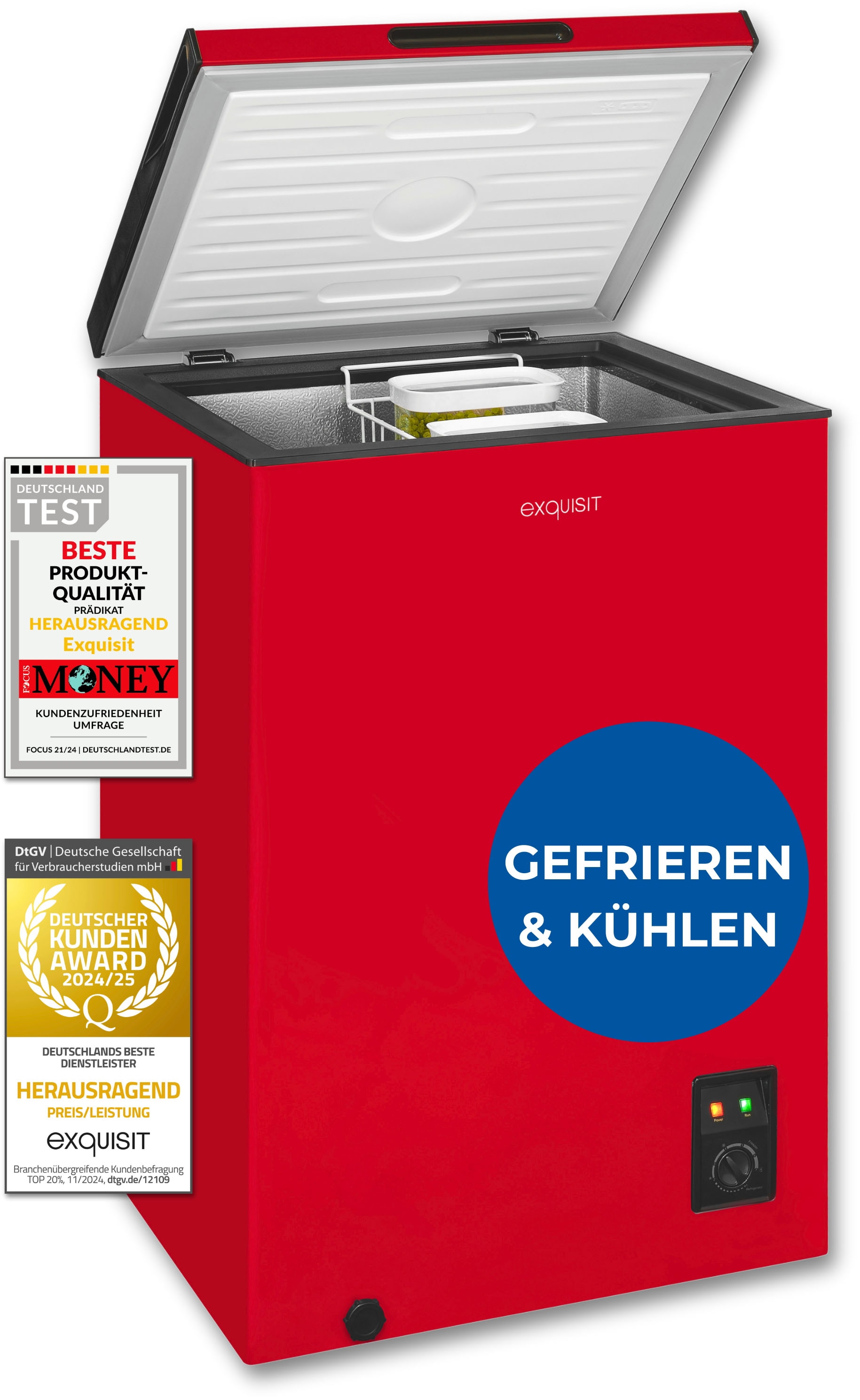 exquisit Gefriertruhe »GT100-050E rot« 83,5 cm hoch 54,5 cm breit 4*-Gefriertruhe mit ergonomischer Griffmulde – bequem zu öffnen