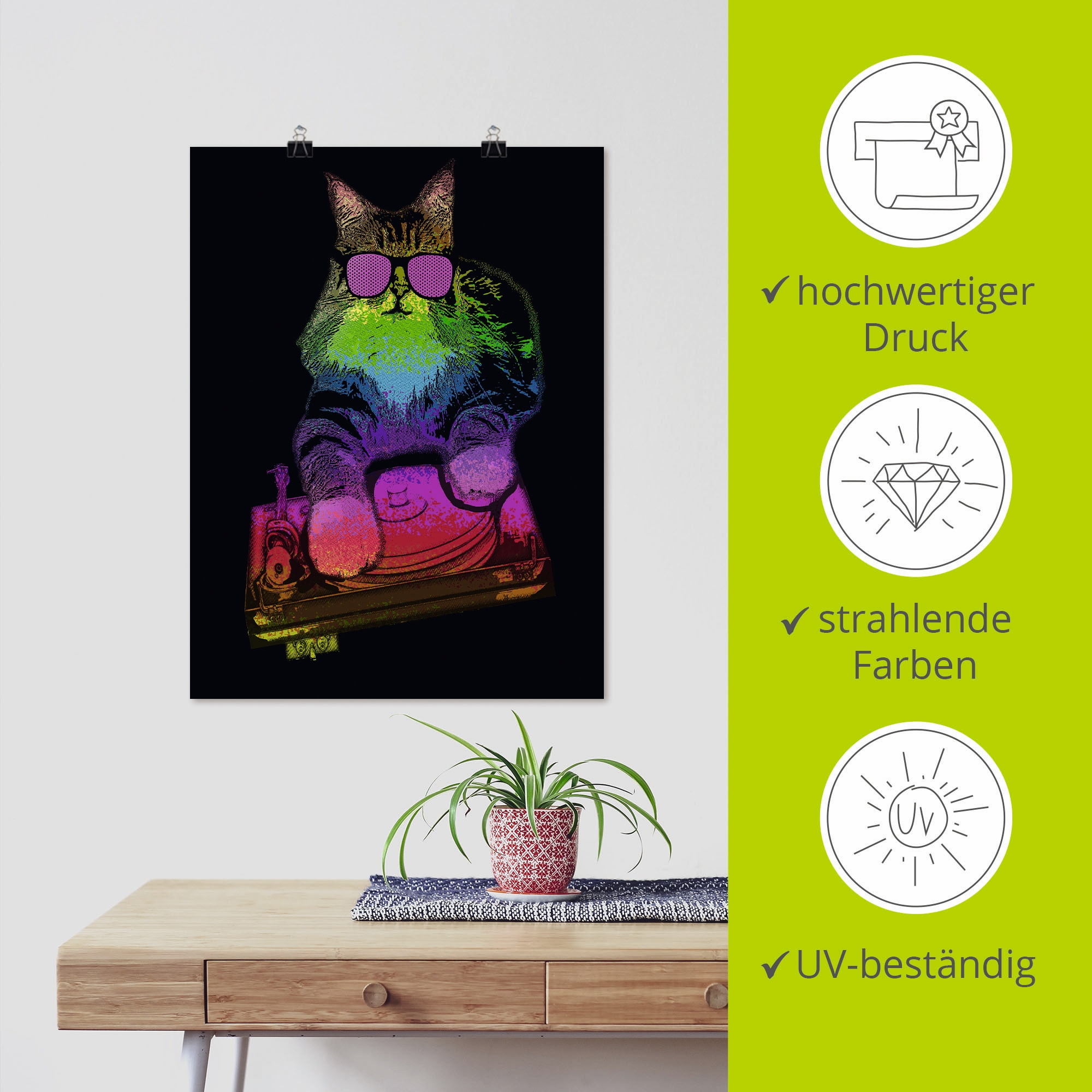 Artland Wandbild »Witzige DJ Katze Party Musik«, Humor, (1 St.), als Alubild, Leinwandbild, Wandaufkleber oder Poster in versch. Größen
