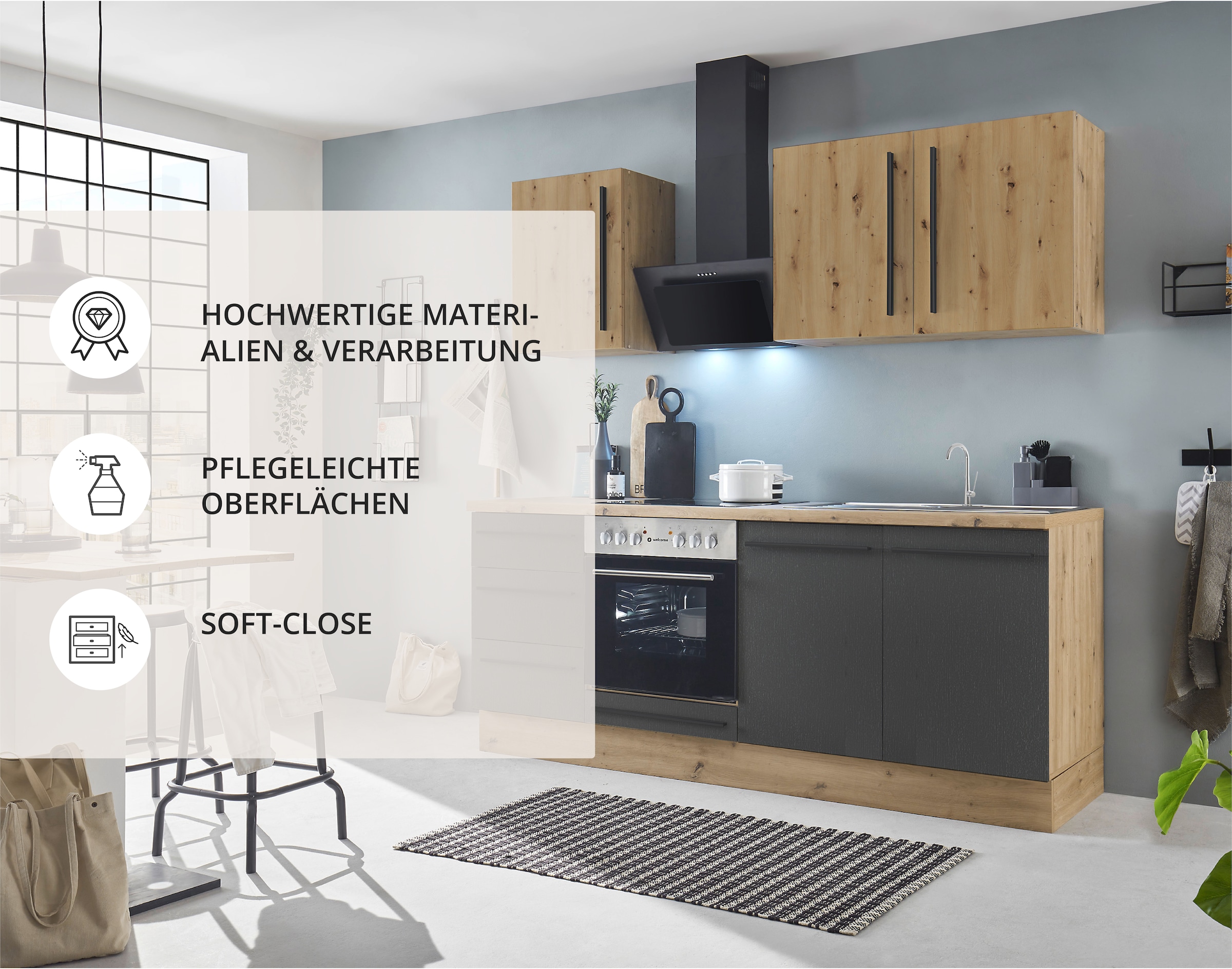 KOCHSTATION Küchenzeile »KS-Florida mit 38mm starker Arbeitsplatte«, Breite 220 cm, wahlweise mit E-Geräten, Soft-Close-Funktion