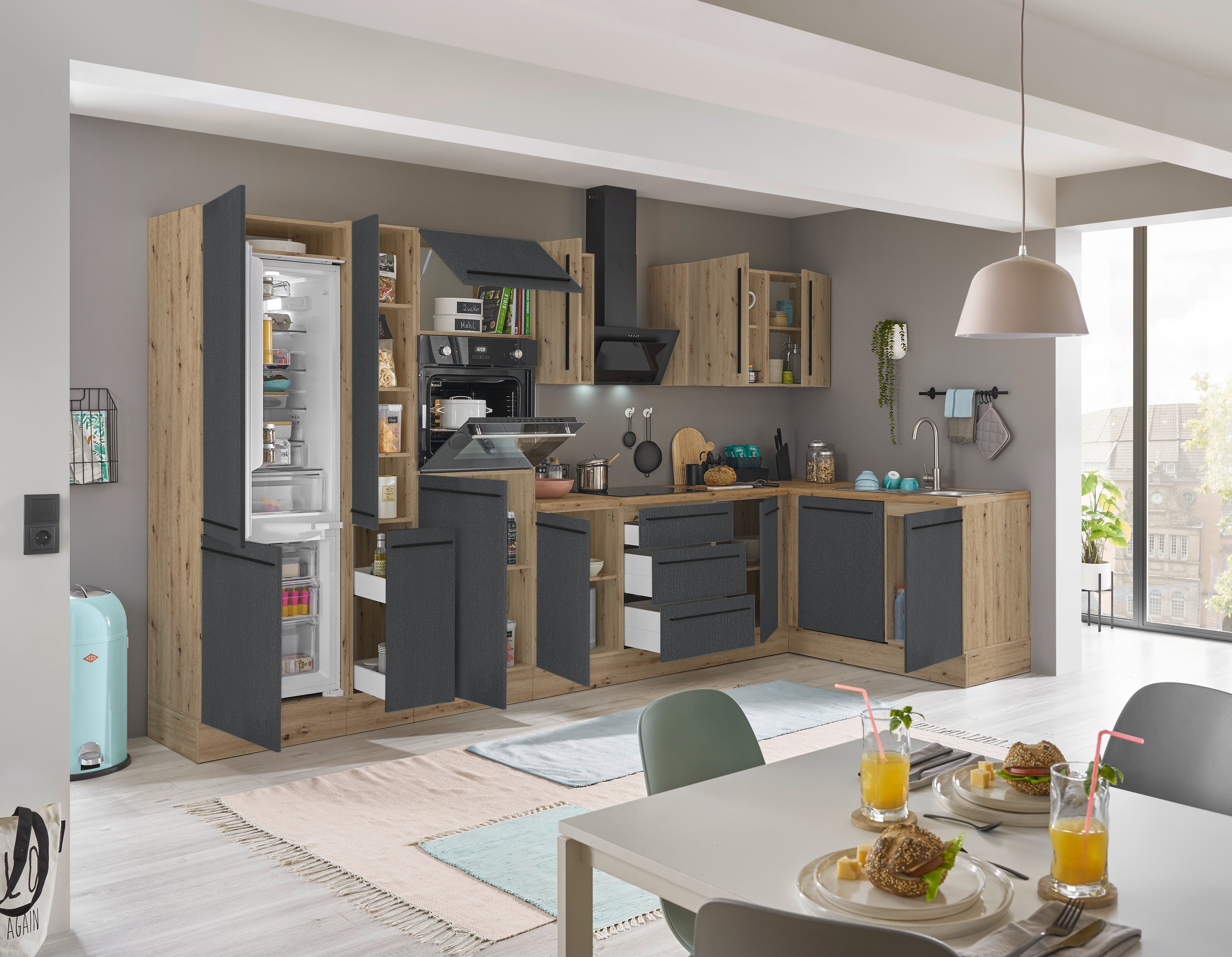 KOCHSTATION Winkelküche »Florida, Stellbreite 370x175 cm«, wahlweise mit E-Geräten, mit Softclose für Türen und Schubkästen