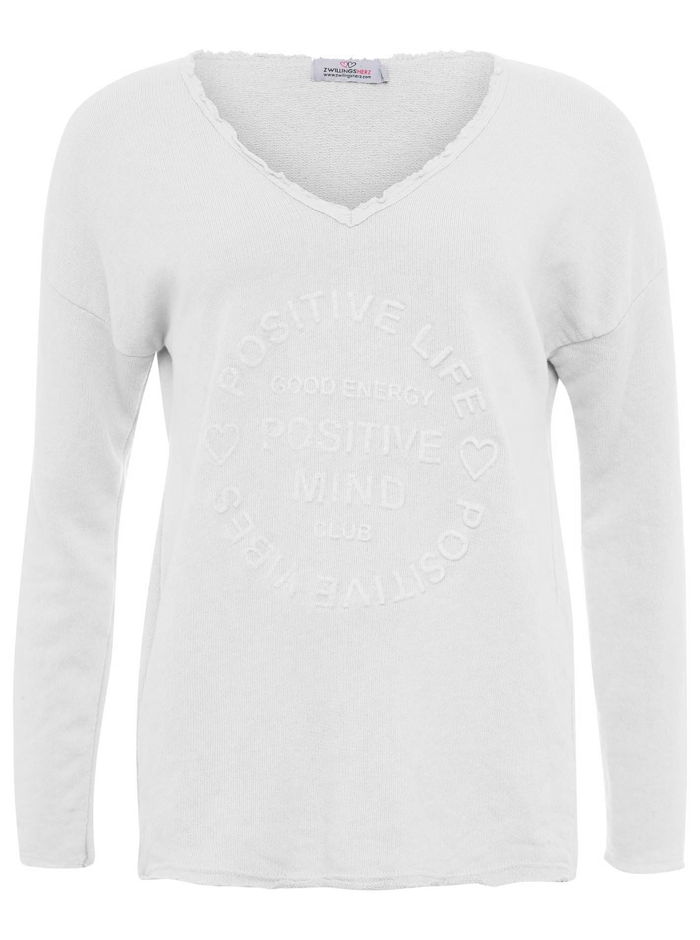 Zwillingsherz Sweatshirt "Positive Mind" ausgefranster V-Ausschnitt, günstig online kaufen