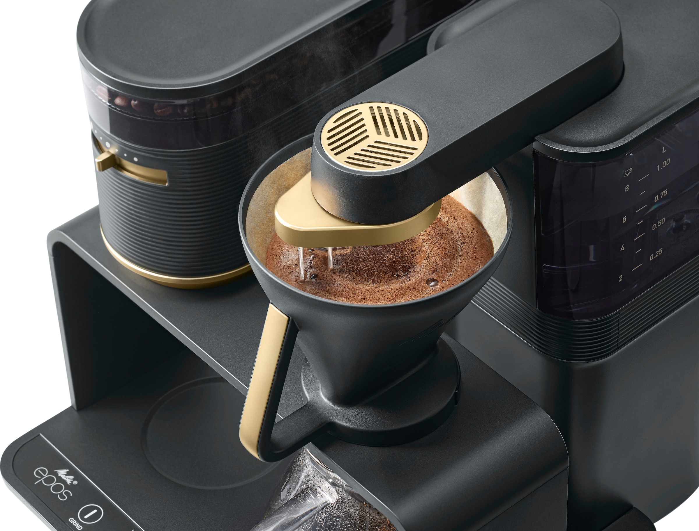 Schwarz/Gold, Melitta »EPOS® | Kaffeemaschine 1024-04«, Mahlwerk 1 Kaffeekanne, 1x4, Papierfilter, l BAUR Wasserauslauf 360°rotierender mit