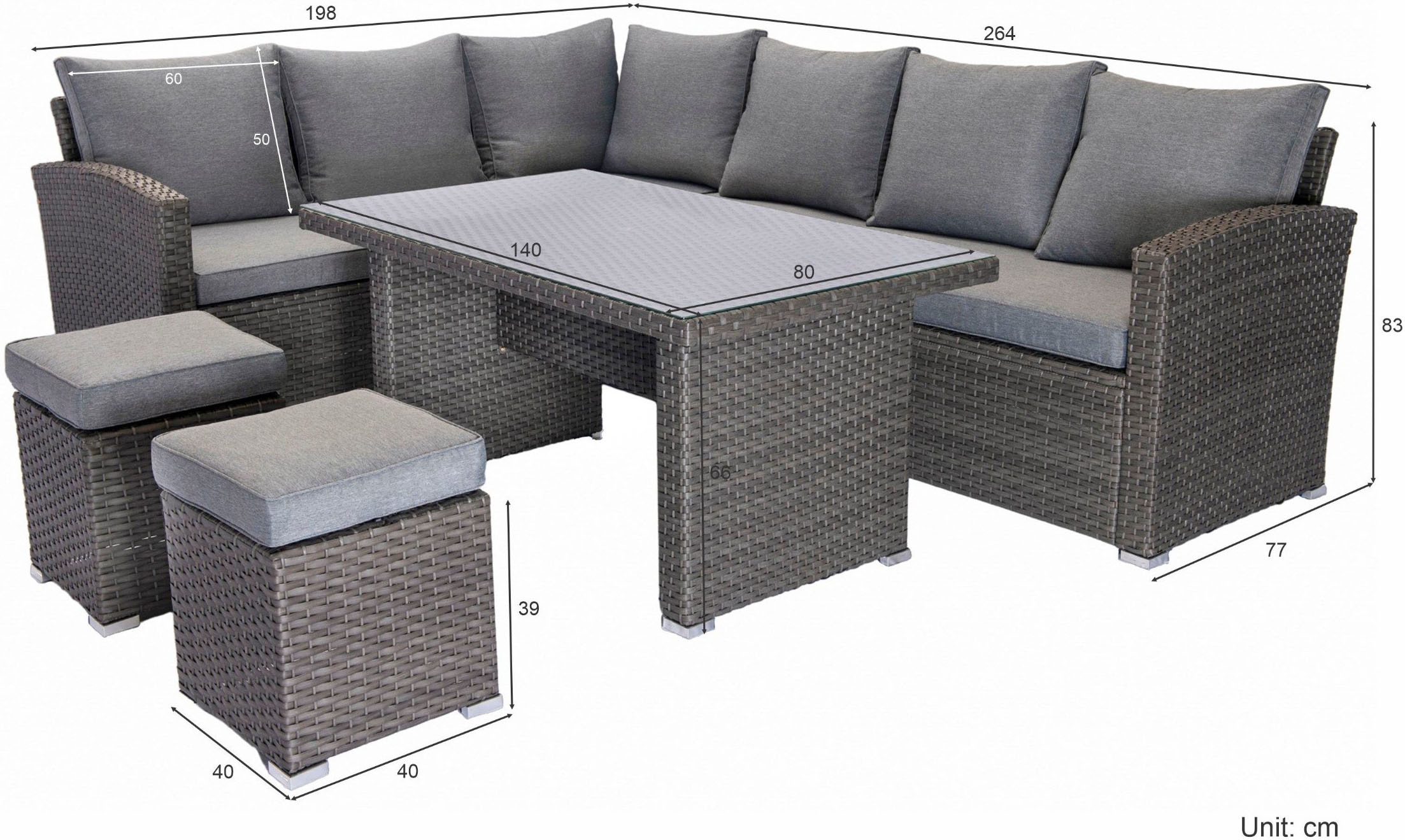 KONIFERA Gartenlounge-Set »London«, (Set, 17 tlg., 2x3er Sofa, 2x Hocker, 1x Tisch 140x80x66cm, inkl. Auflagen), inkl. Schutzhülle, Aluminium, Polyrattan