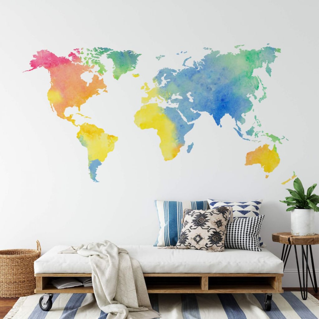 Wall-Art Wandtattoo »Aquarell Weltkarte Regenbogen«, (1 St.)