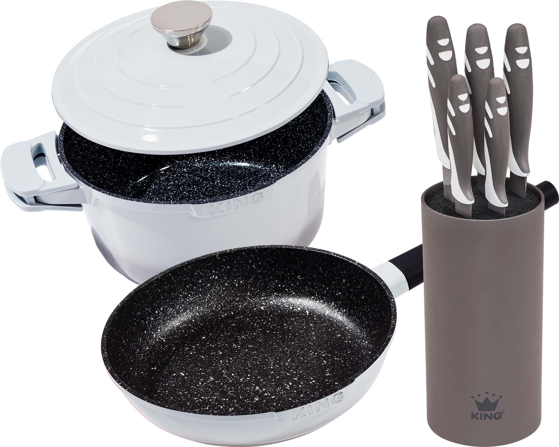 Topf-Set Grey«, Schmortopf, ( Pfanne, »Shine Aluminiumguss, BAUR 8 Messerblock) | bestellen Induktion, KING (Set, tlg.),