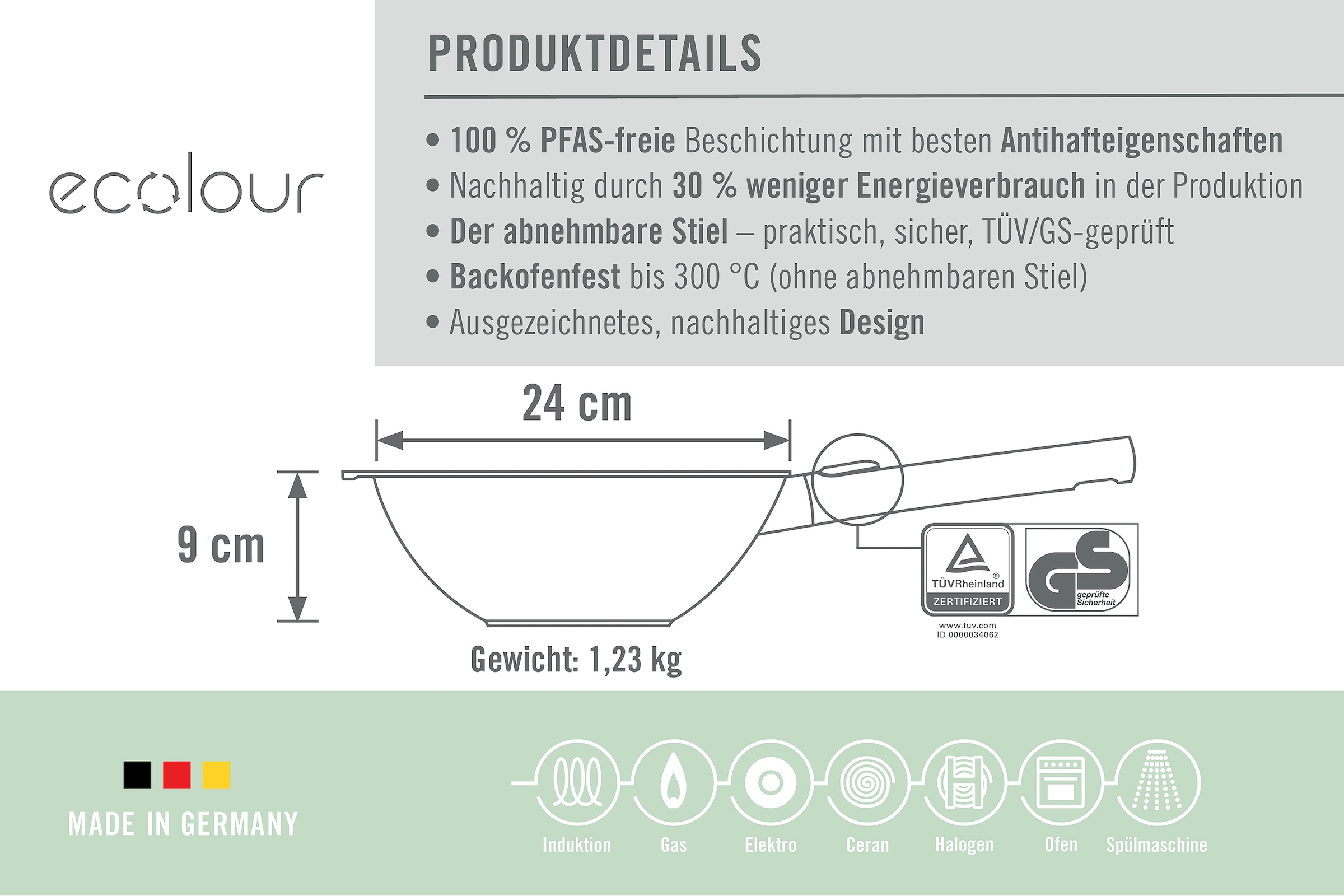 WOLL MADE IN GERMANY Wok »Ecolour Ø 24 cm inkl. Deckel« Aluminiumguss Set, 2 tlg. abnehmbarer Stiel