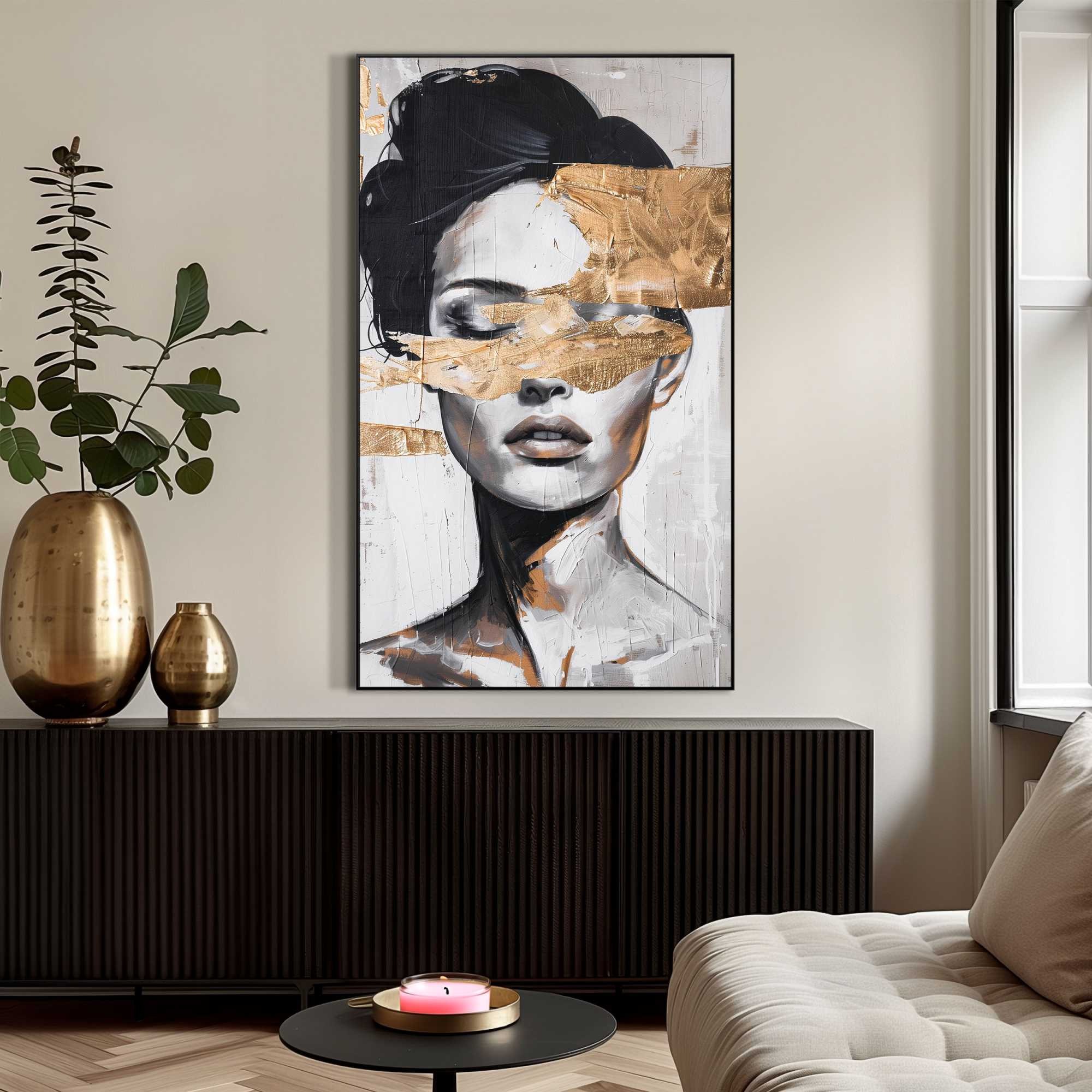 Reinders! Wandbild »Frau mit goldfarbenem Detail«, Wohnzimmer - Schwarz-Weiß - MDF - Frauen - 70x118 cm