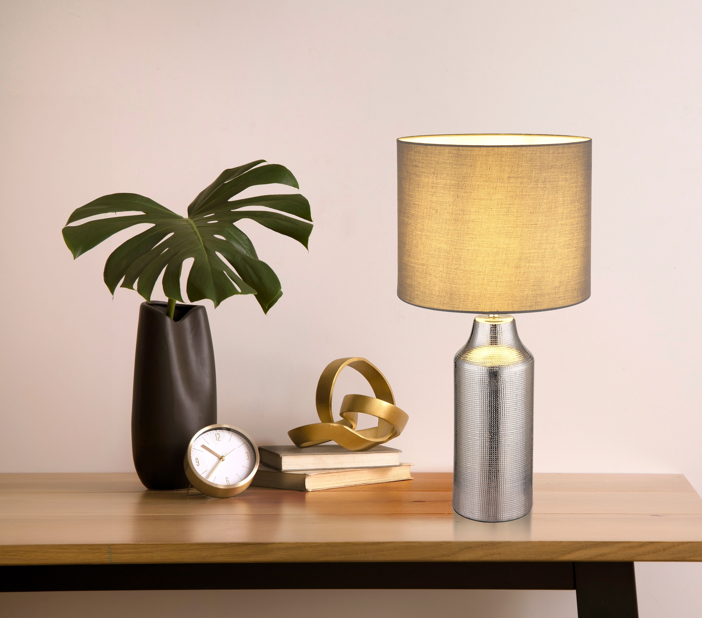 GLOBO LIGHTING Tischleuchte »ELDEN«, Leuchtmittel E27 | ohne Leuchtmittel, Tischlampe/Keramik/silberfb. /Textil grau/Wohnzimmer/Flur/Schlafzimmer