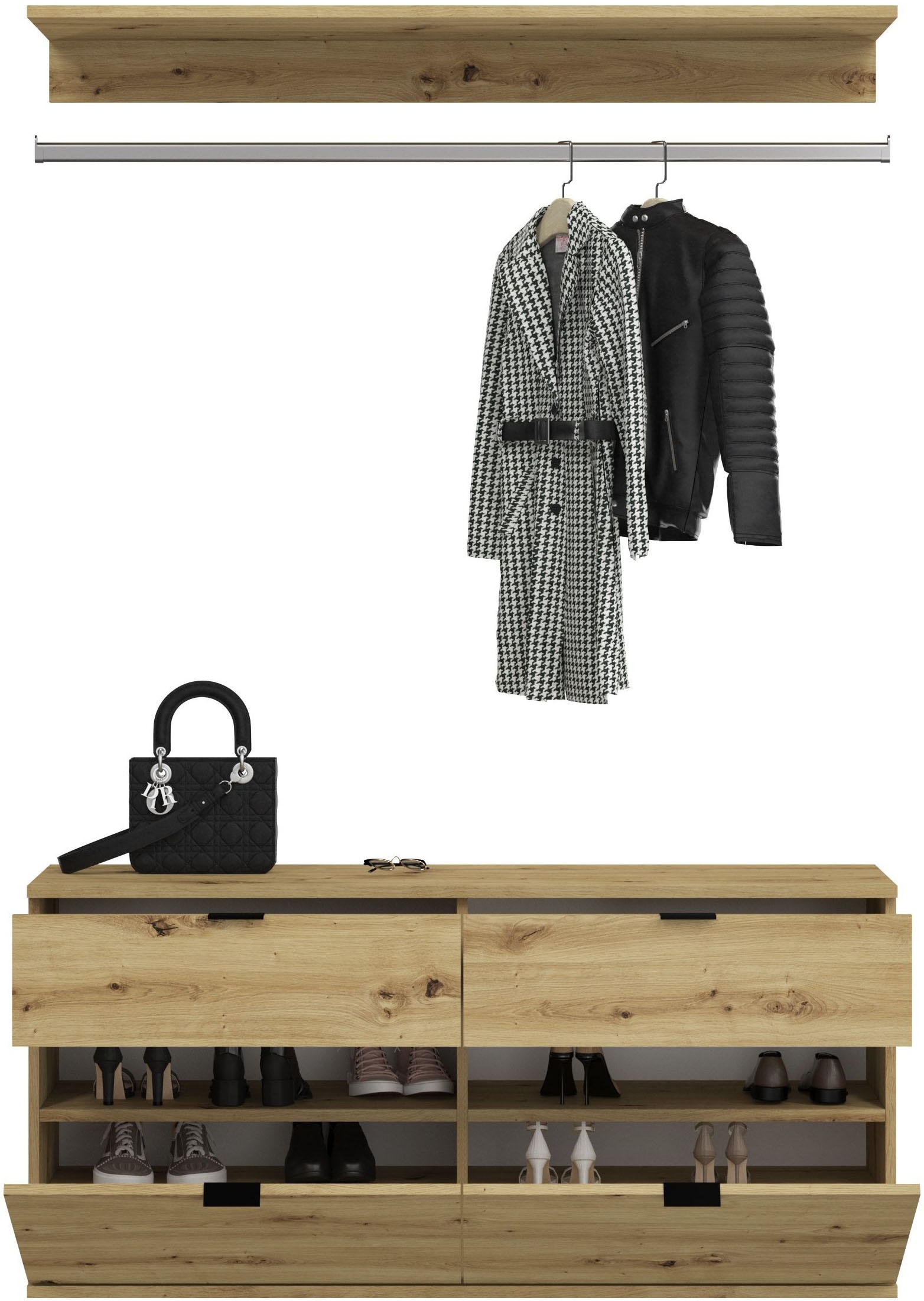 INOSIGN Garderoben-Set »Trondheim, Breite 212 cm, 5-teilig, bestehend aus:«, (Set, 4 St.), 2x Garderobenschrank, 1 Kommode, 1 Garderobenstange, 1 Ablageboden