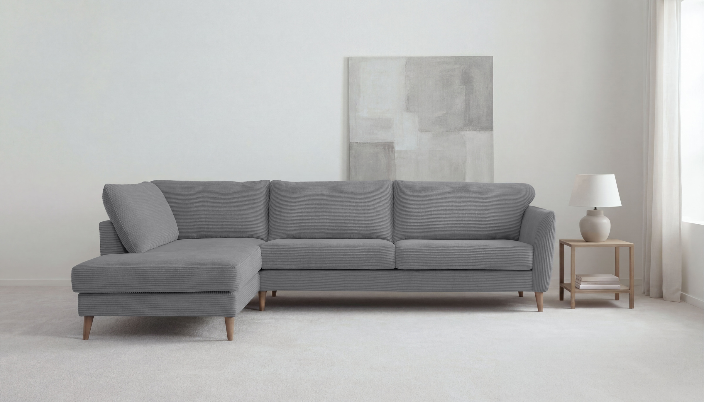 OTTO home Ecksofa "MARSEILLE 278/202 cm, L-Form, Ottom. rechts/links, verschiedene Bezüge" Massivholzbeine Eiche, Landhausstil, Wellenunterfederung