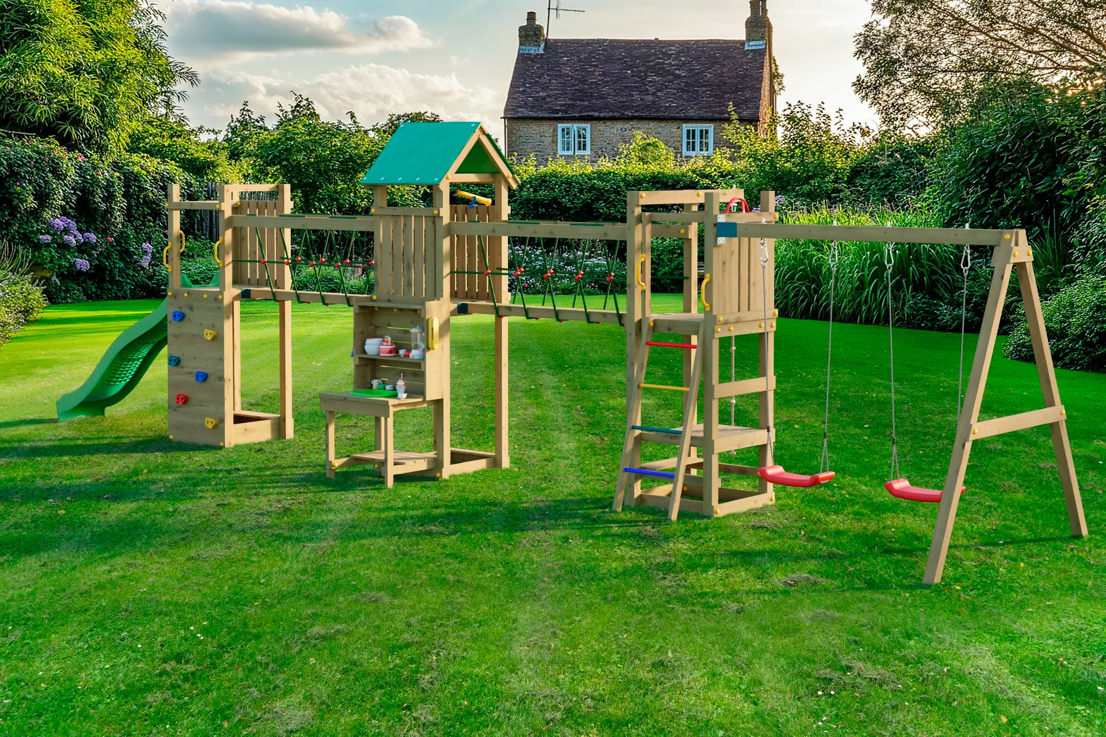 FUNGOO Spielturm »Maxi Funny Space Longer, mit Rutsche, Doppelschaukel, Kletterwand«, Picknicktisch; Made in Europe