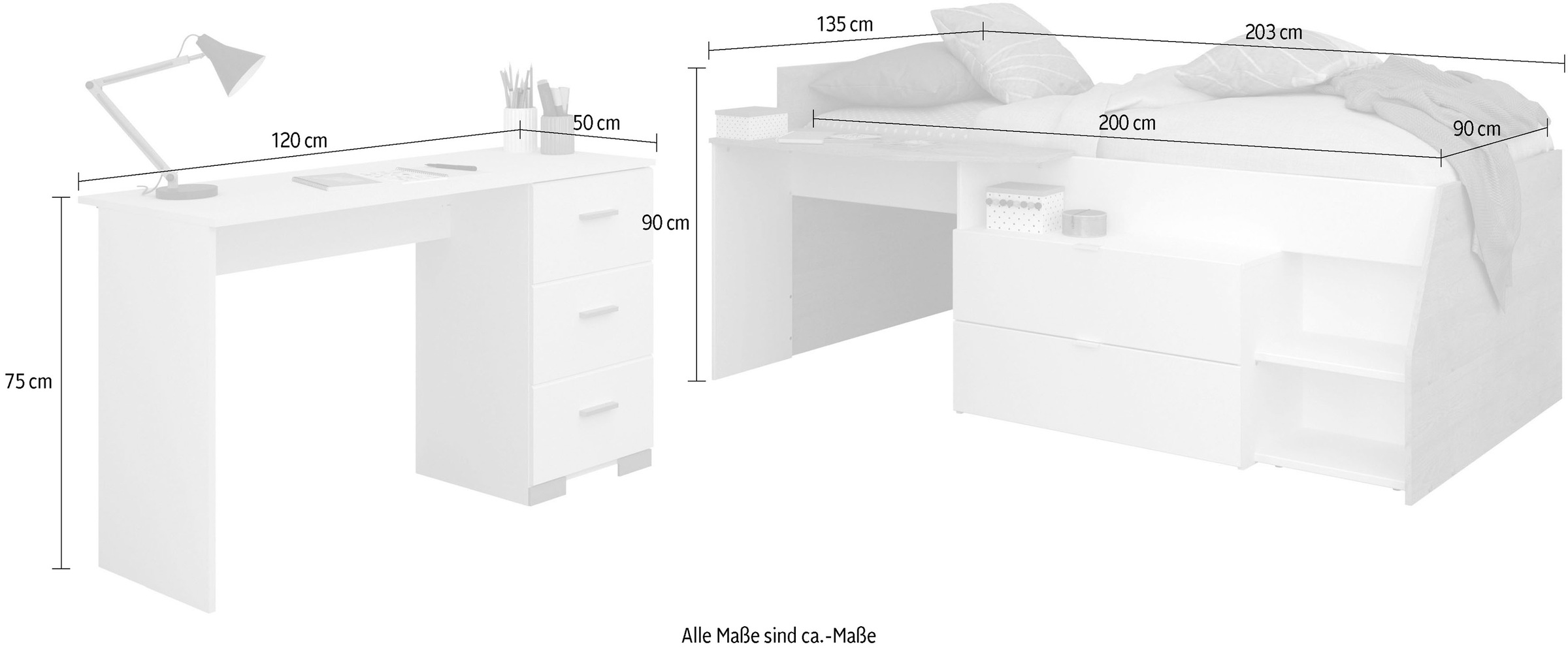Parisot Jugendzimmer-Set »Parisot Milky 17«, (2 tlg.), halbhohes Hochbett