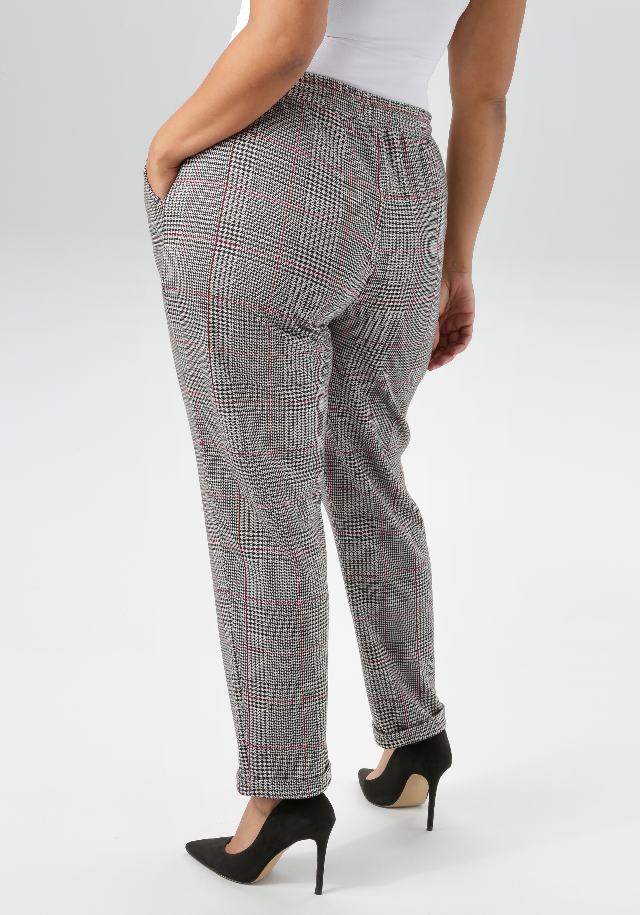 Schlupfhose ANISTON PLUS, Damen, Gr. 52, N-Gr, rot (beige, schwarz, bordeaux), Jersey, Obermaterial: 65% Polyester, 33% Viskose, 2% Elasthan, kariert, figurumspielend lang, Hosen Schlupfhose, in trendigen Karodessin 3