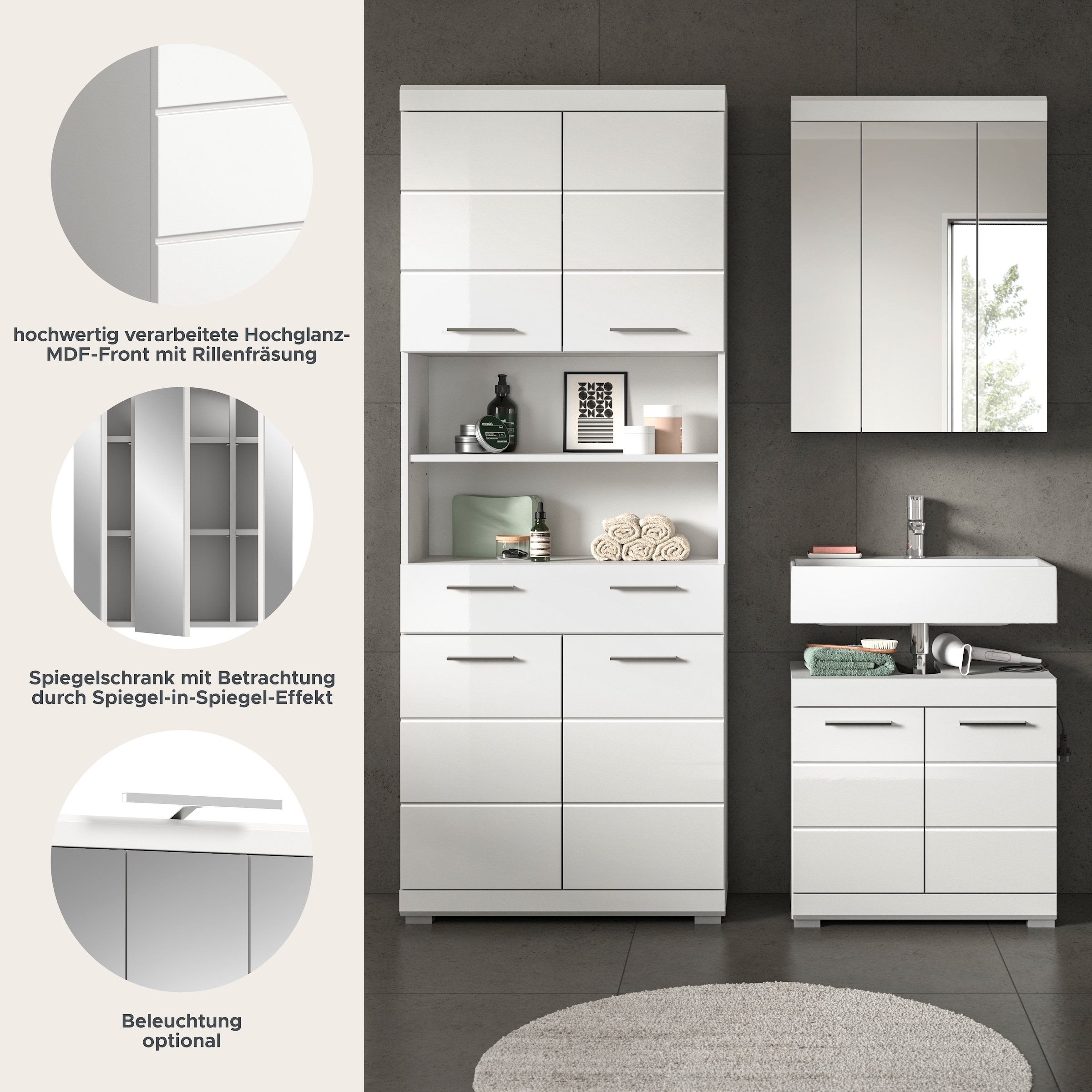 Thumbnail - welltime Badmöbel-Set "SIENA, TOPSELLER, Breite 149cm, 3-teiliges Set" Set, bestehend aus: Hochschrank, Waschbeckenunter...