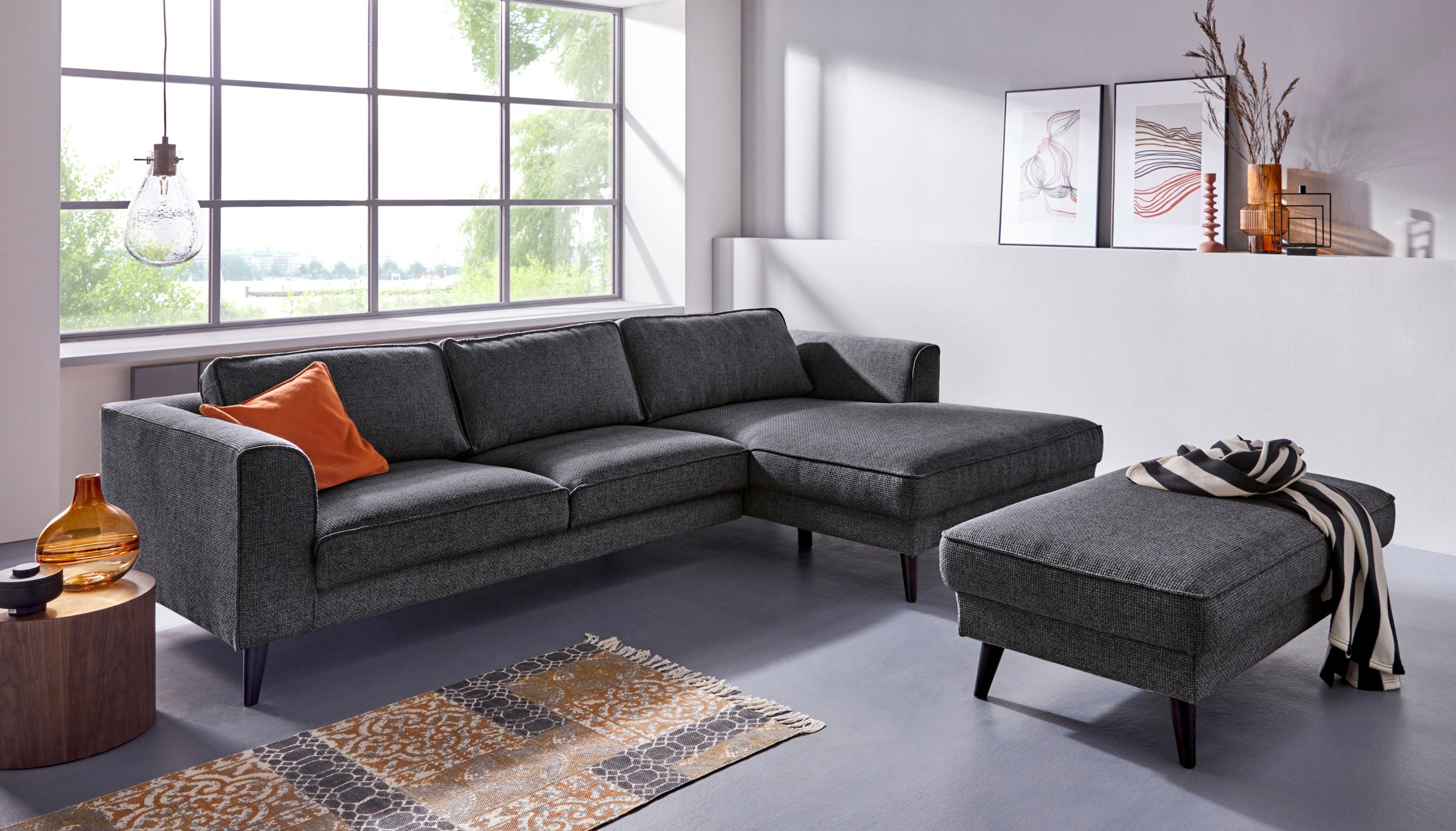 Hockerbank HOME AFFAIRE "Junis", schwarz (obsidian), B:123cm H:44cm T:74cm, Hocker