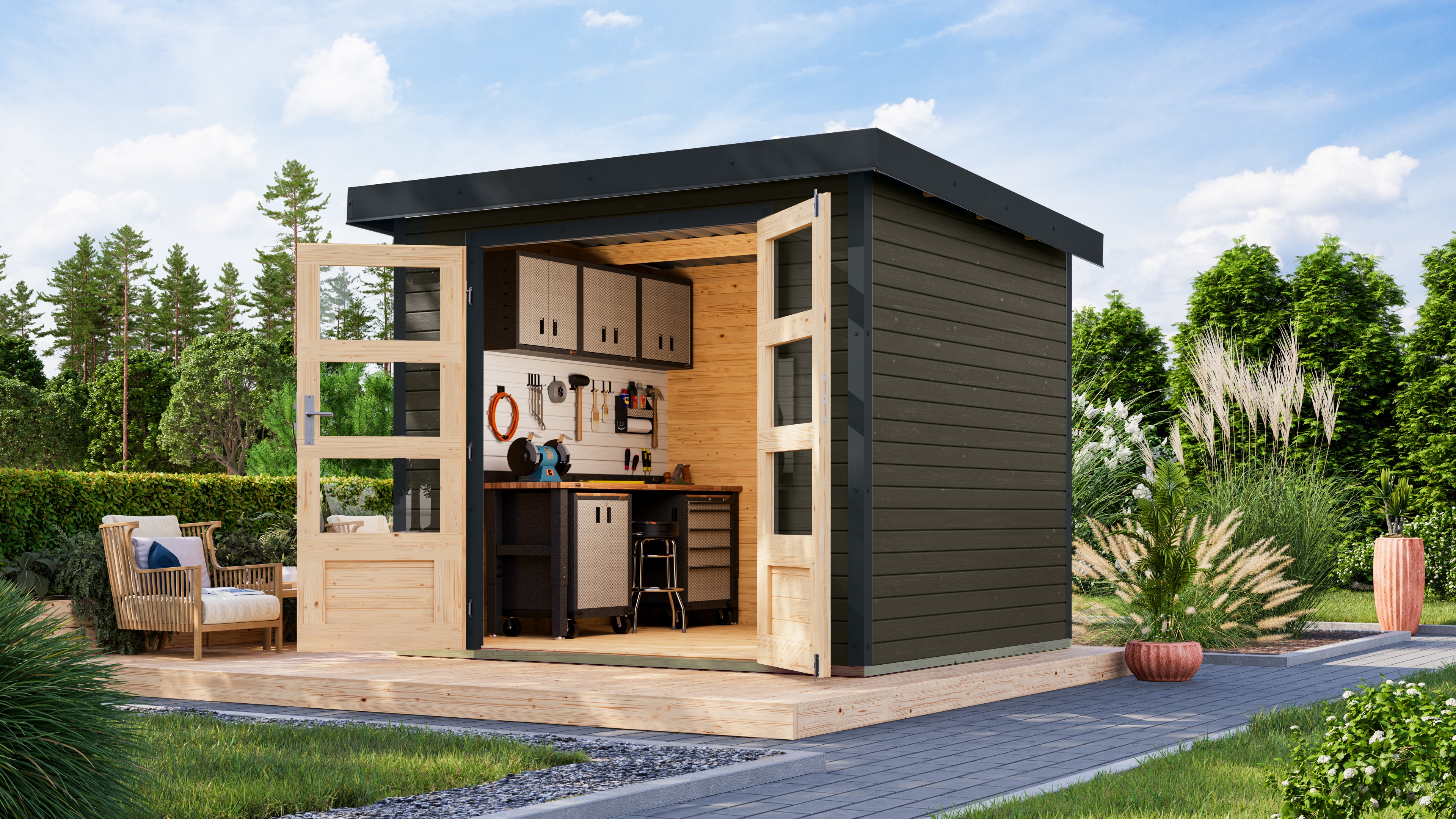 Gartenhaus KARIBUterragrau, anthrazit, Massivholz, Stahl, Gartenhäuser, "Jupiter 3 B", in verschiedenen Farben