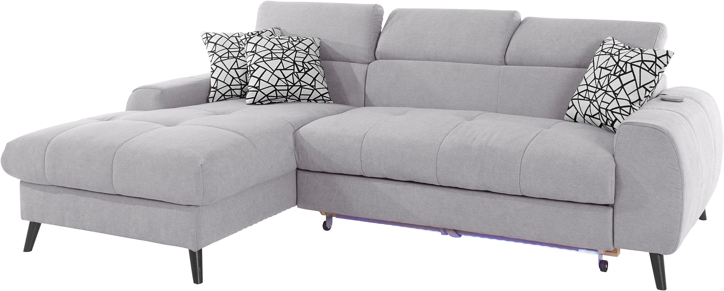 COTTA Ecksofa »Mia L-Form mit 3 Zierkissen«, wahlweise mit Bettfunktion, Bettkasten, Beleuchtung & Wireless-Charger