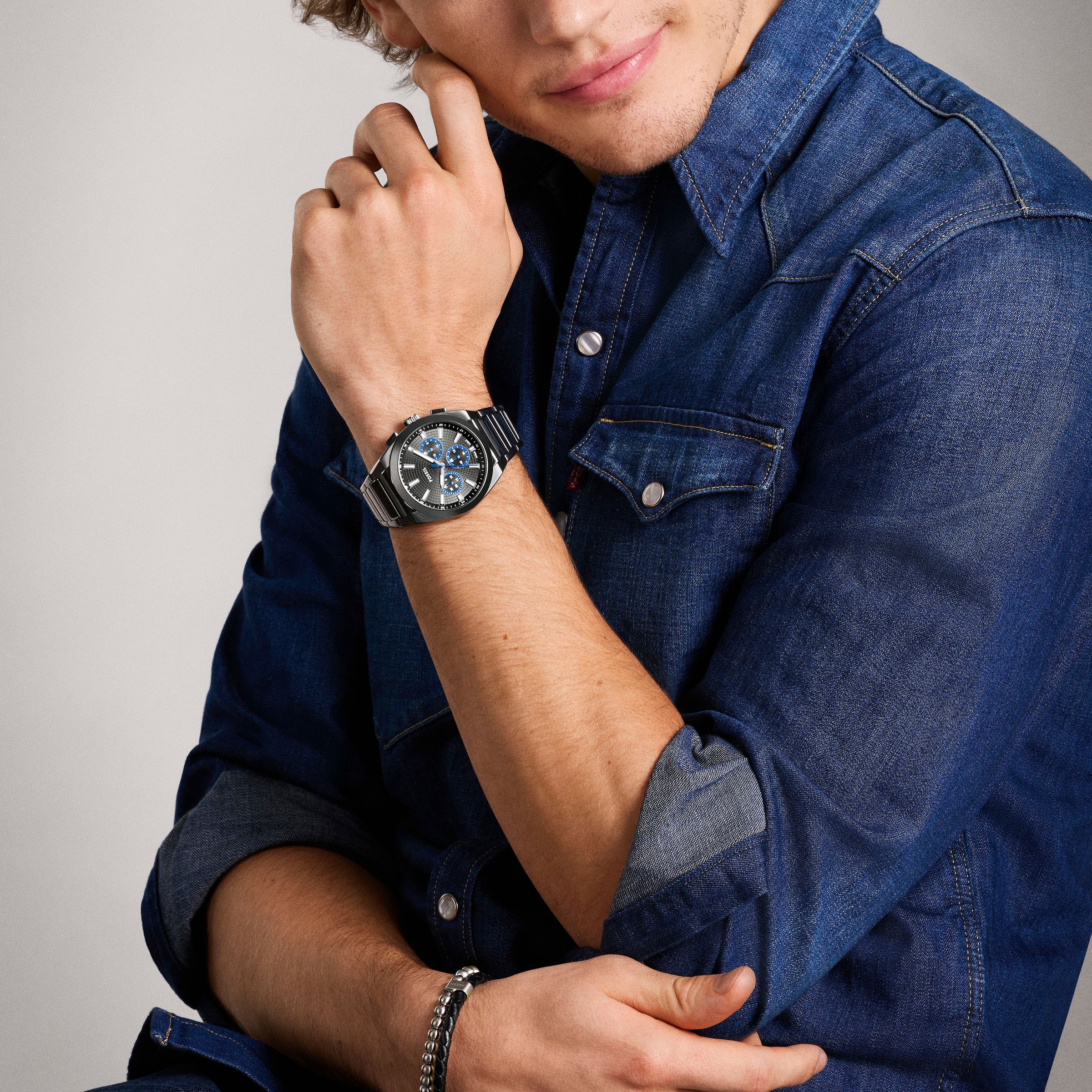 Fossil Chronograph »EVERETT«, Quarzuhr, Armbanduhr, Herrenuhr, Edelstahlarmband, analog
