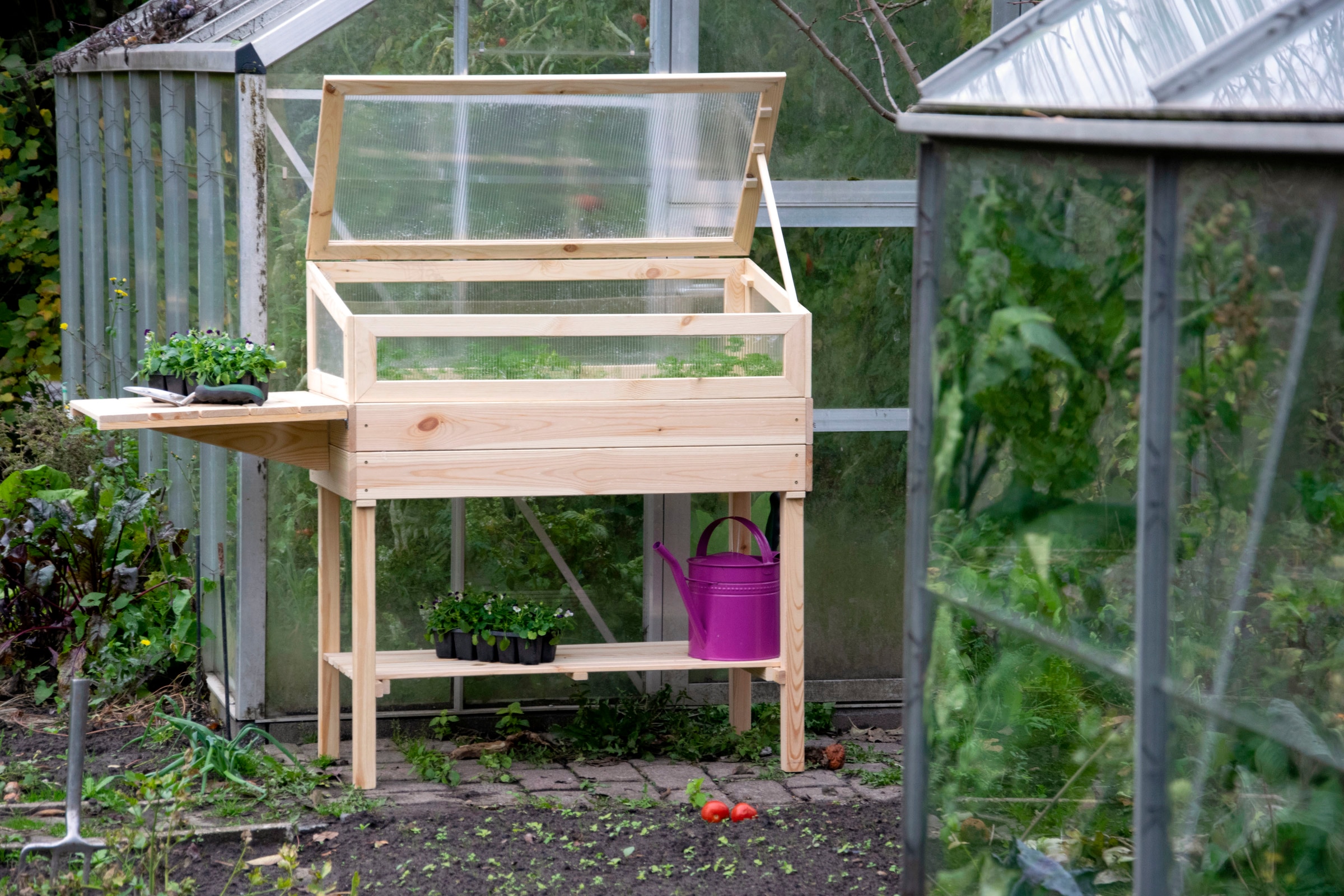 dobar Hochbeet erhöhtes Frühbeet mit Tisch & Haken, Gr. L, transparent, Kiefer
