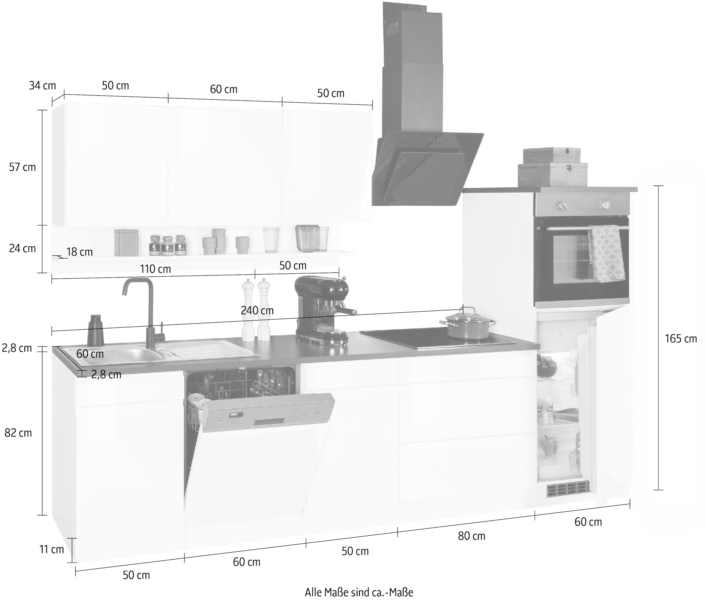 KOCHSTATION Küchenzeile »KS-Virginia,neu in verbesserter Ausführung« Arbeitsplatte 38 mm stark, Stauraum, Softclose,  Breite 300 cm, Soft-Close, ohne E-Geräte