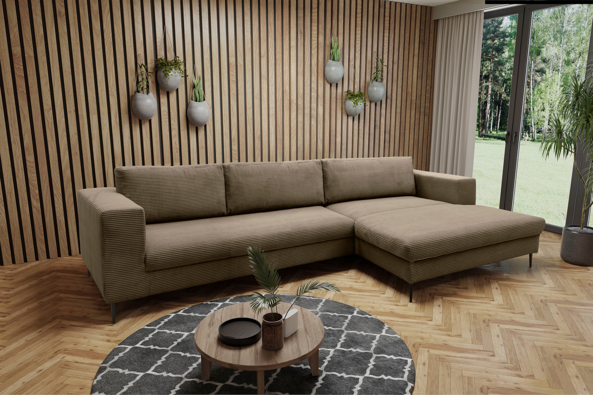 DOMO collection Ecksofa "Modica, zeitlos & elegant, Breite 329cm, hoher Fuß, bequem, L-Form" Auch in Cord, Fußhöhe passend für gängige Saugroboter