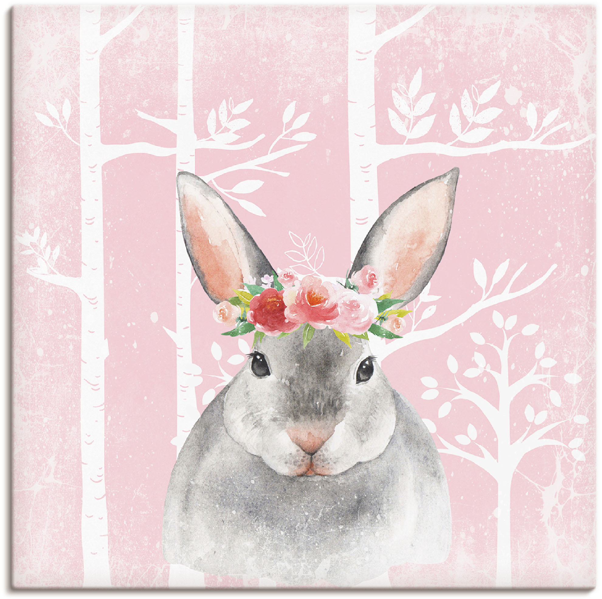 Artland Leinwandbild "Hase mit Blumen im pink Wald" Tiere 1 Stk. tlg. auf Holzrahmen gespannt