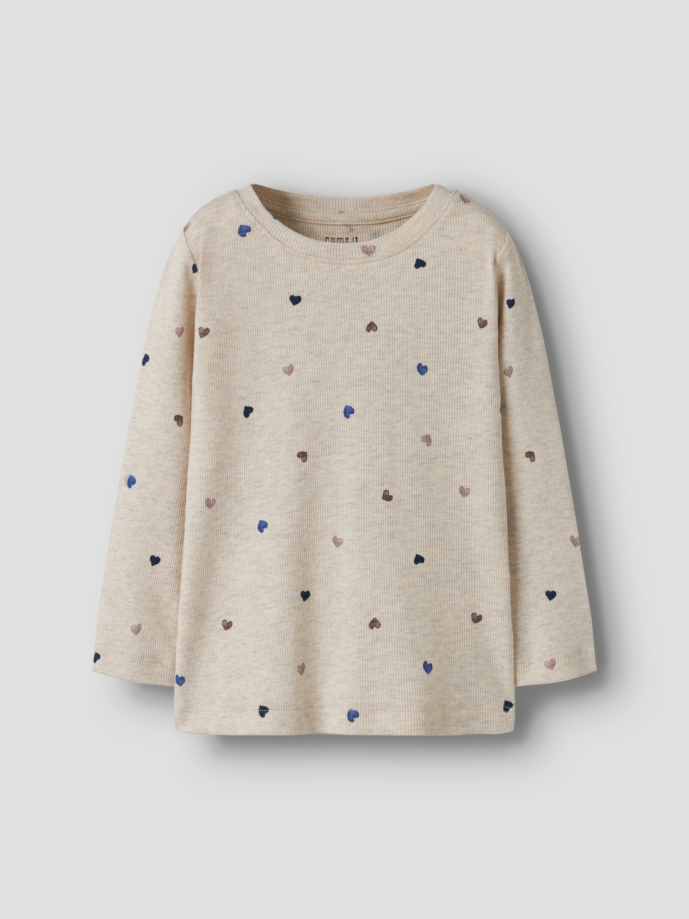 NAME IT Mädchen Langarmshirt "NMFNUTTI LS TOP NOOS"peyote melange aop:hearts, Gr. 110, bedruckt, Feinripp, Obermaterial: 57% Baumwolle, 38% Modal, 5%