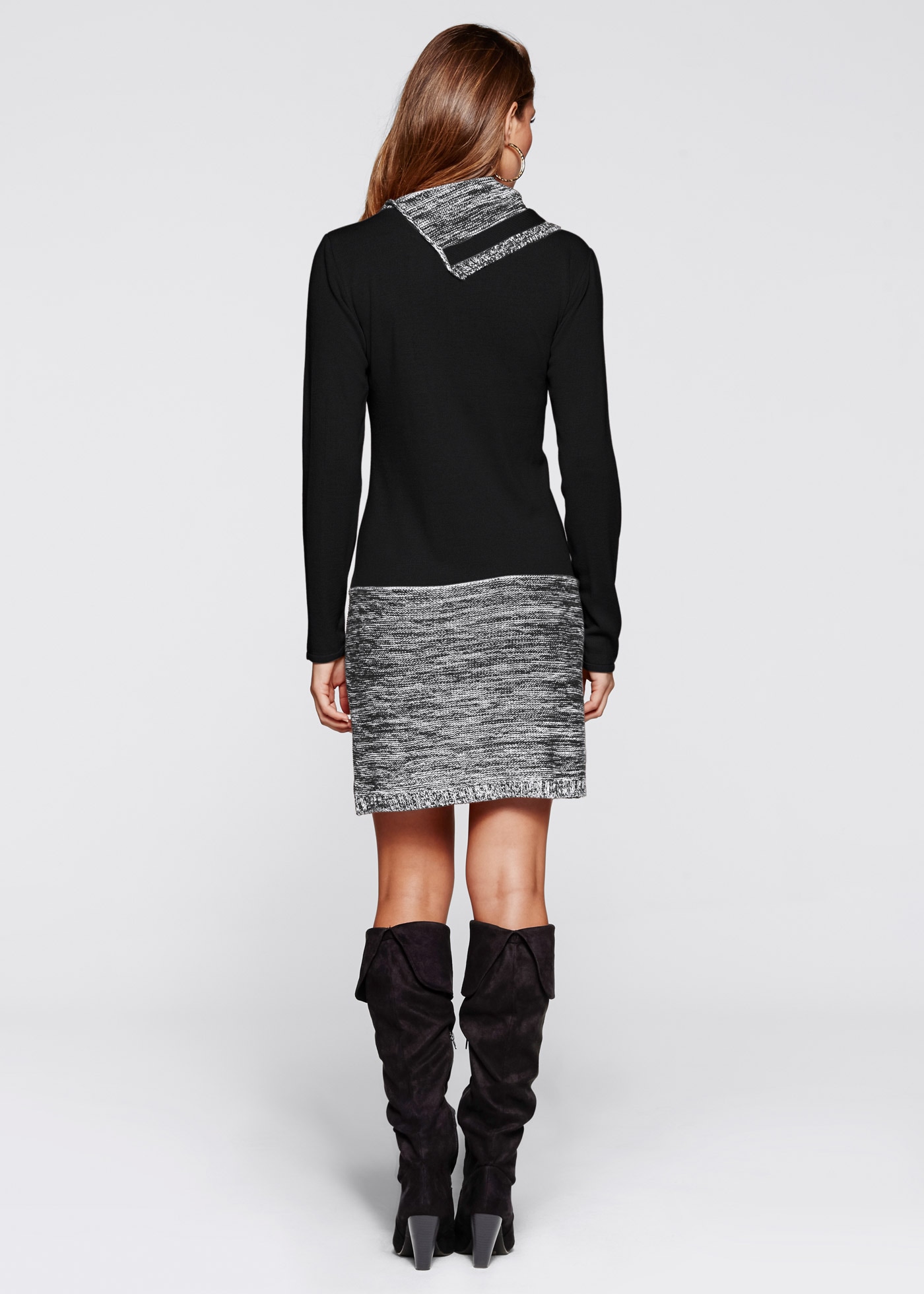 bonprix Strickkleid Ziertaschen zweifarbiger Look, toller Umlegekragen